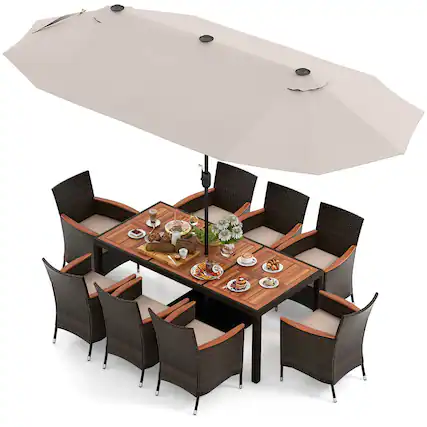 Front. Costway - 11 PCS Patio Dining Set with 15ft Double-Sided Patio Umbrella (Base Included) - Mix Brown + Beige.