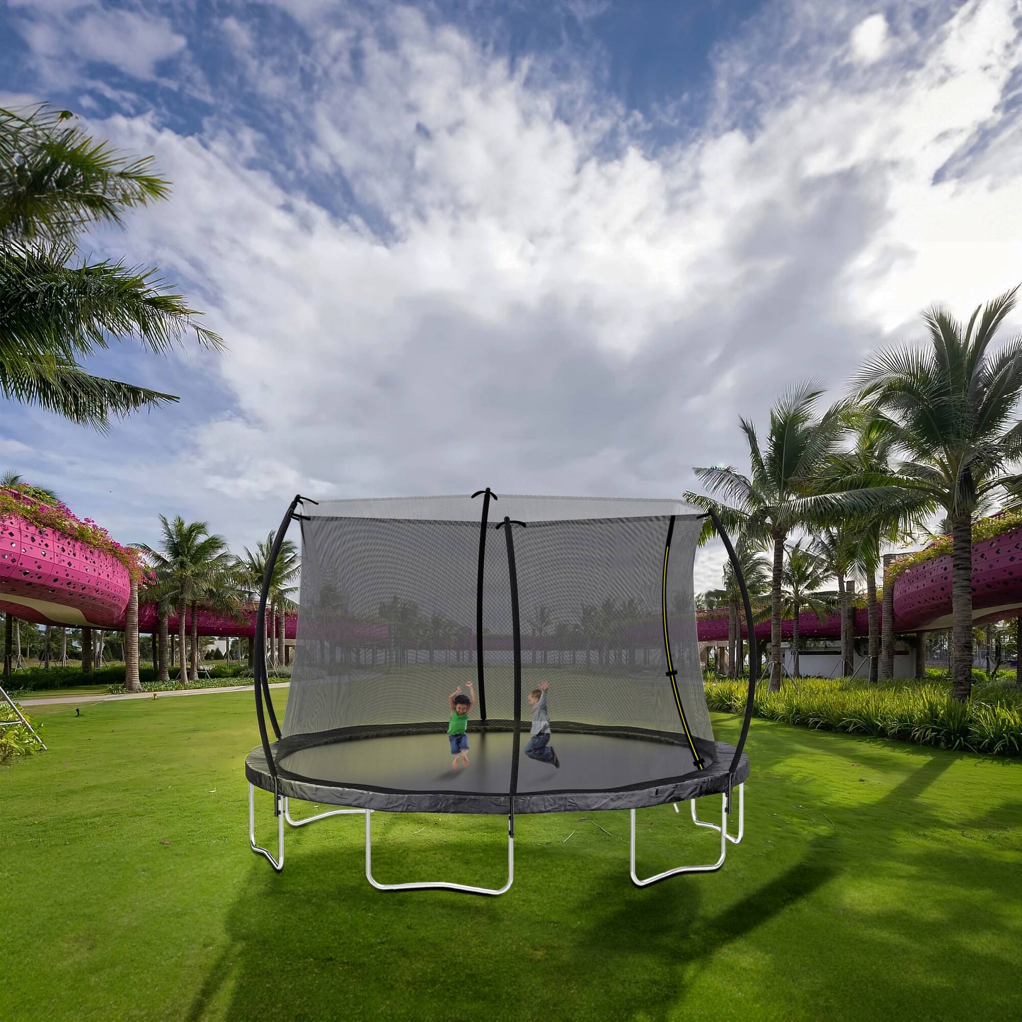 Alt View 4. Ecooso - 12FT Trampoline with Enclosure Net and Ladder: Curved Safety Poles, 70 Springs, 5 W-Legs, Zipper Entry - Black.