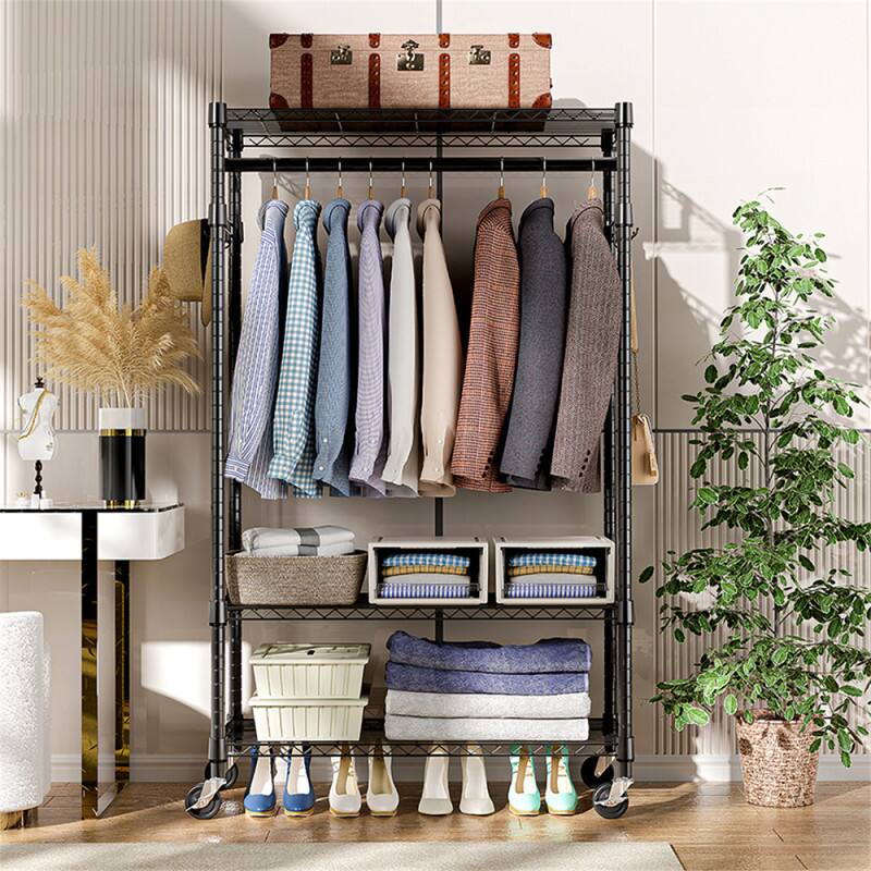 Back. ALEXOUN - 3 Tiers Heavy Duty Rolling Garment Rack -15.7" x 29.5" x 74.5",Adjustable Wire Shelving, Rack with Rods and Side Hooks - Black.