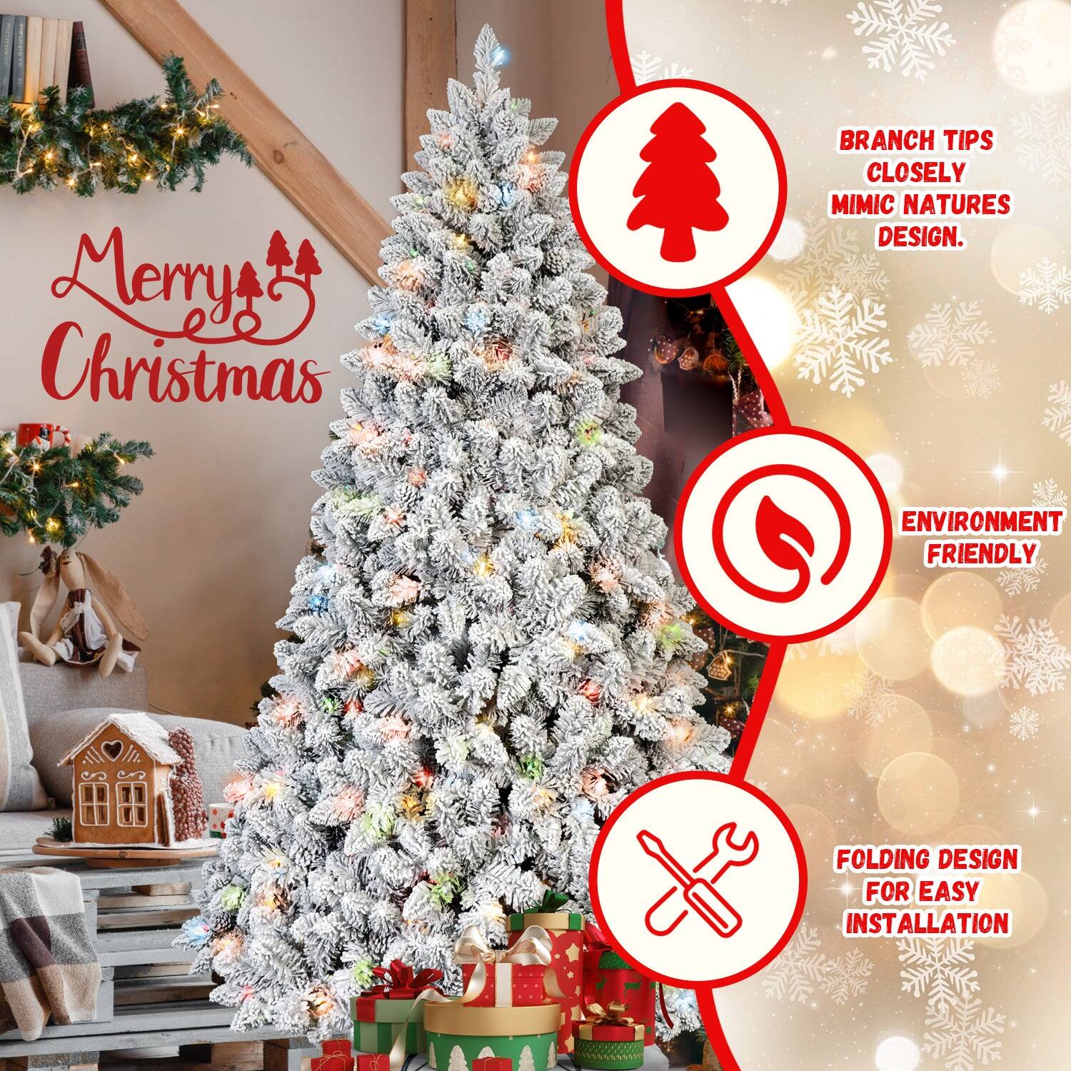 Merry Christmas

- BRANCH TIPS CLOSELY MIMIC NATURE'S DESIGN.
- ENVIRONMENT FRIENDLY
- FOLDING DESIGN FOR EASY INSTALLATION