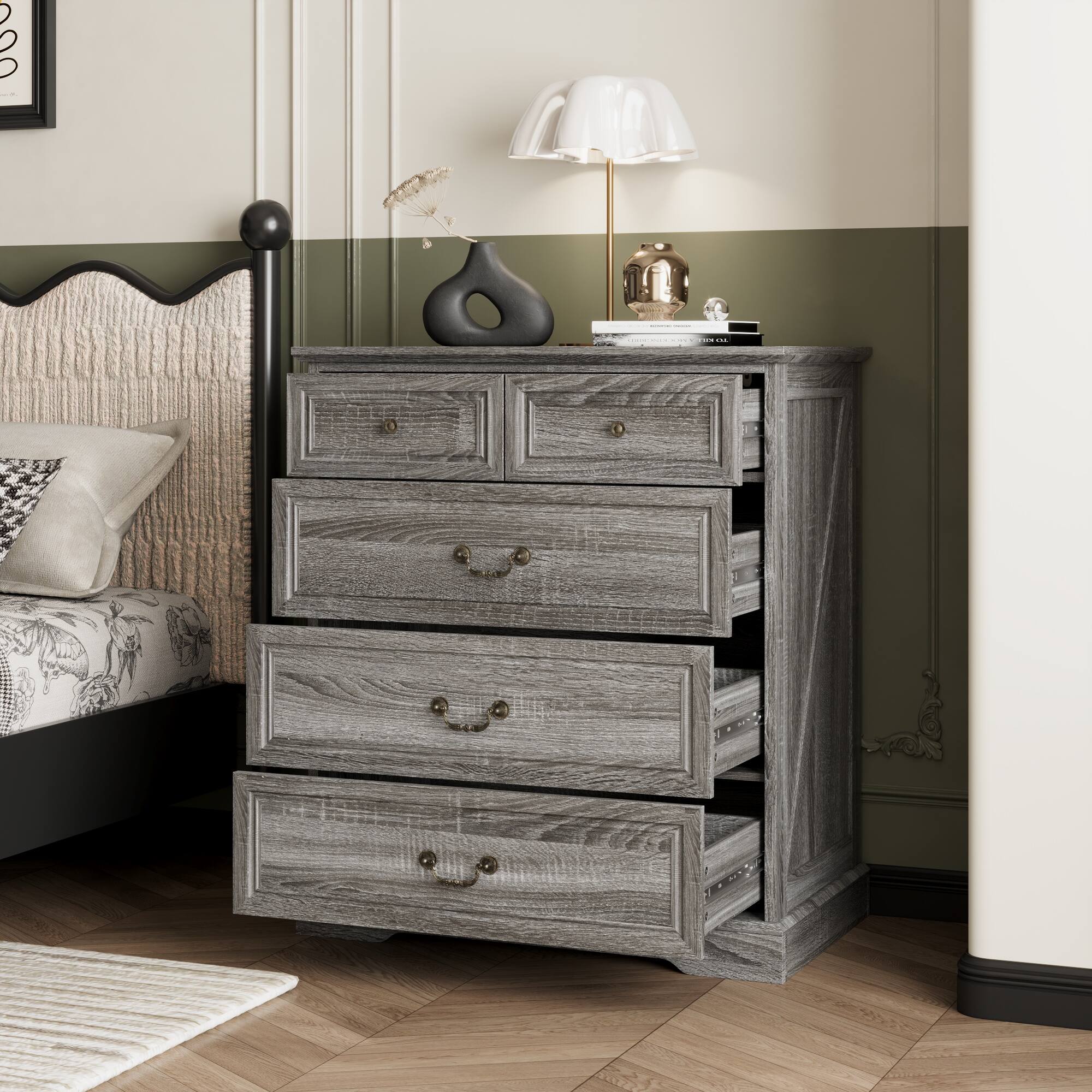 Angle. FUFU & GAGA - Vintage 5-Drawer Dresser Chest - Distressed Finish Bedroom Storage Organizer with Bronze Hardware for Clothes, Linens - Distressed gray.