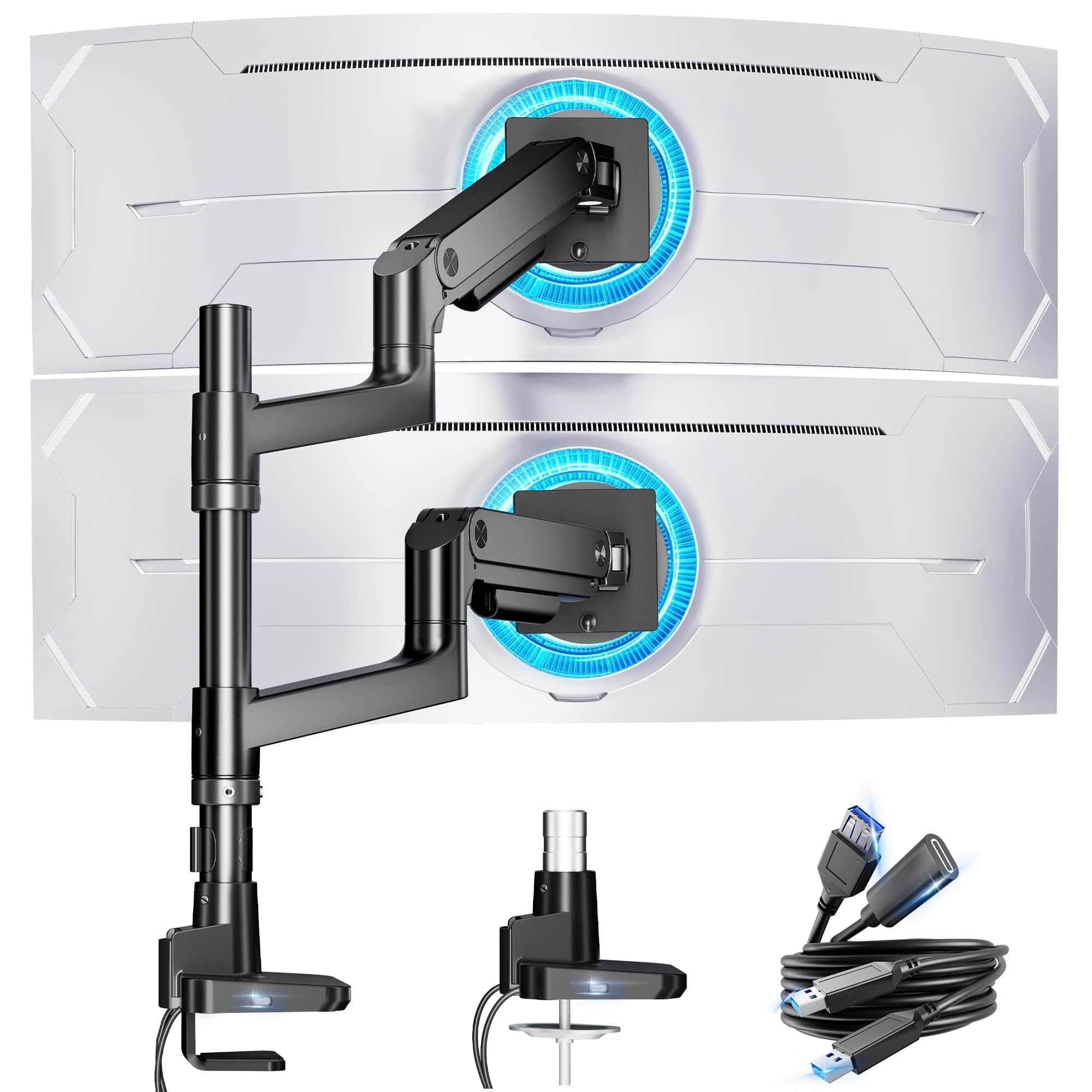 Cedar Assembly - Dual Monitor Stand For Ultrawide Heavy Duty Curved Stacking Fits Vertical Gas Spring Double Mount With Usb - Black with USB Dual Monitor Stand