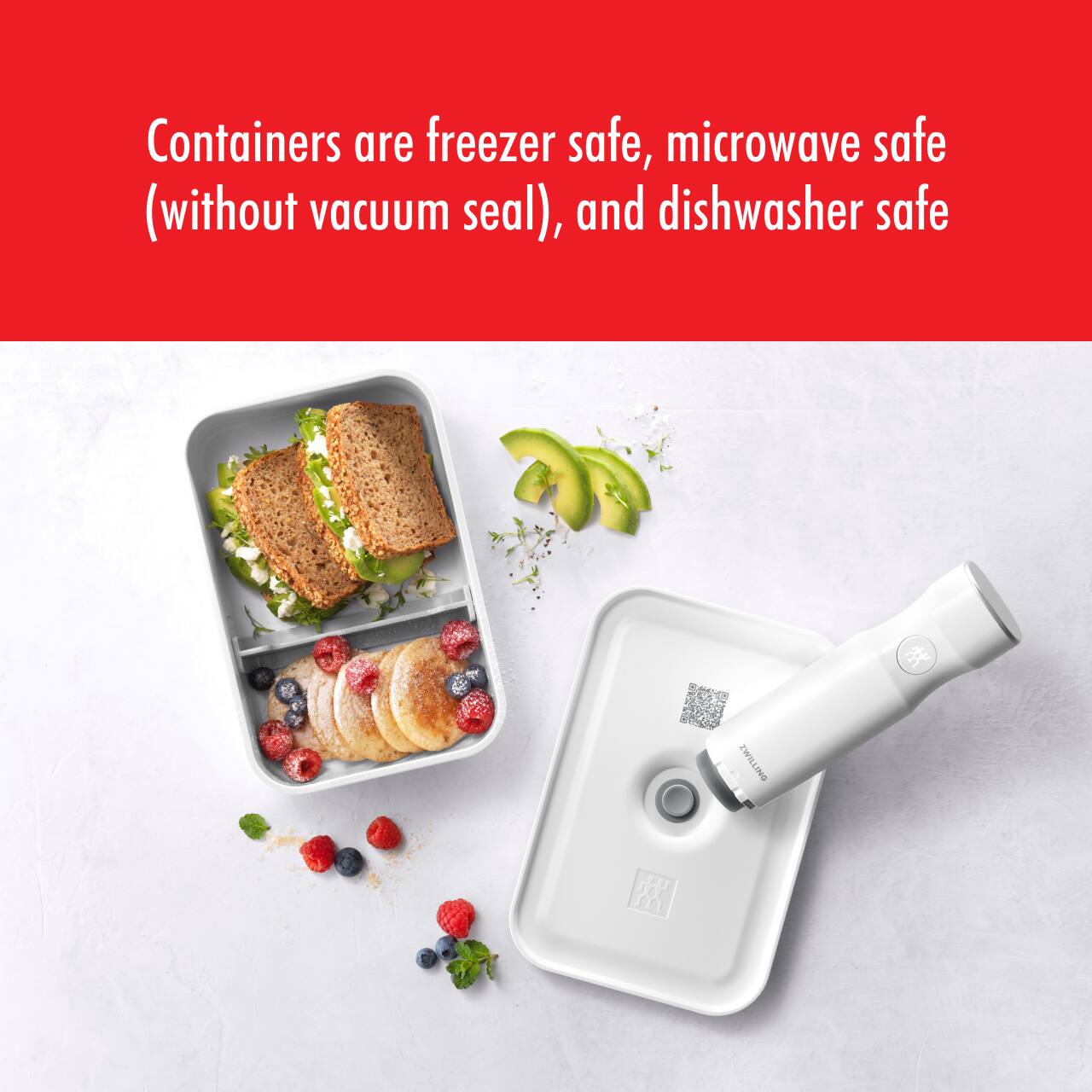 Containers are freezer safe, microwave safe (without vacuum seal), and dishwasher safe