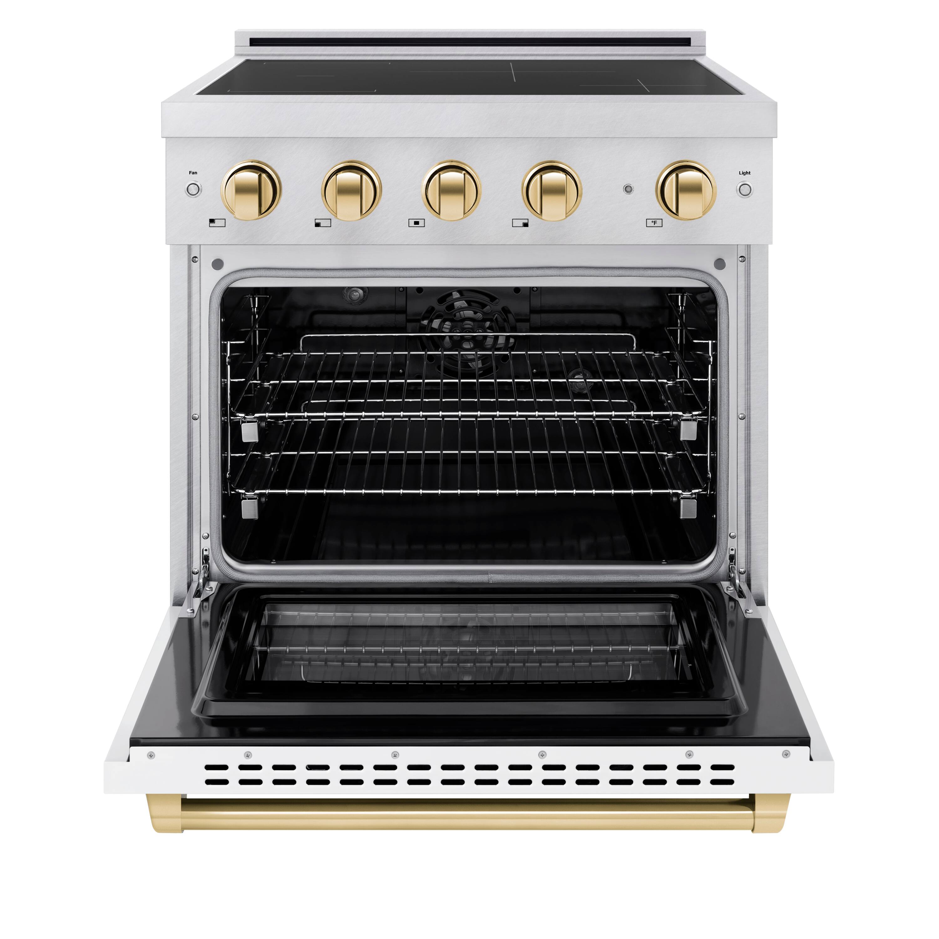 Angle. ZLINE - Autograph 30 in. 4.2 cu. ft. Paramount Freestanding Induction Range with 4 Burners and Gold Accents with White Door - Matte White.