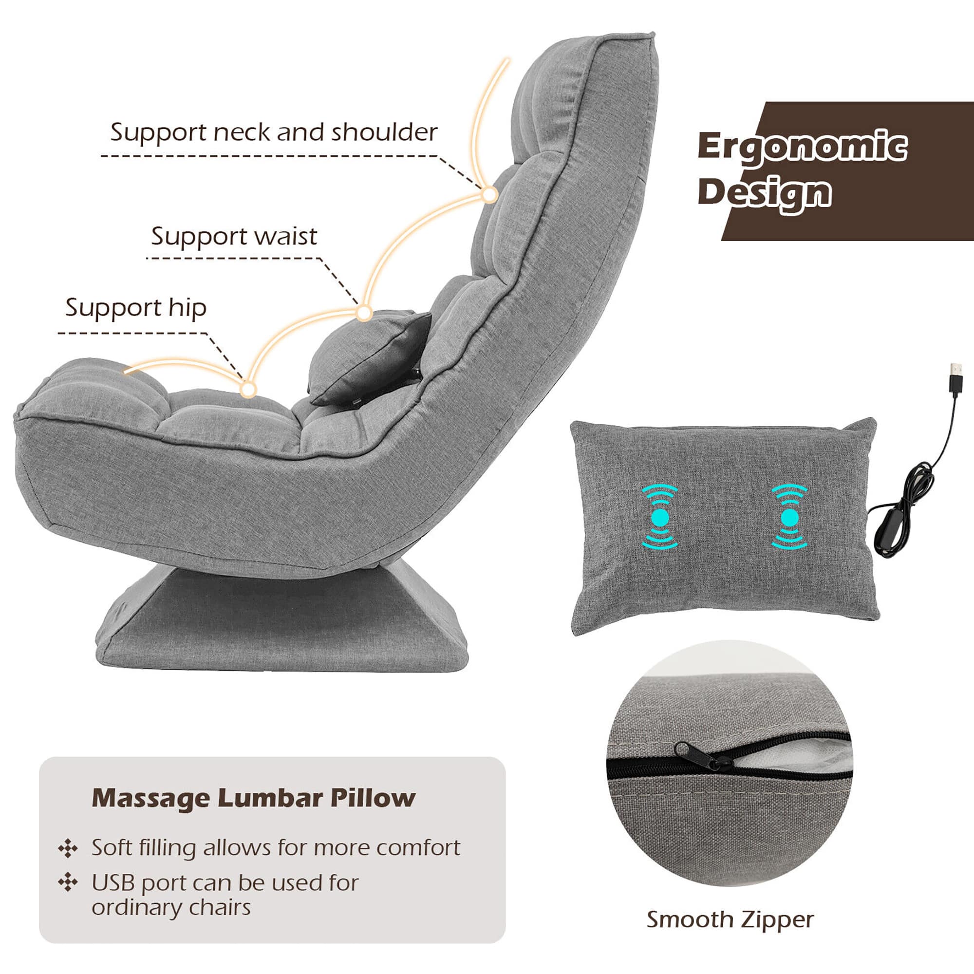 Ergonomic Design: Support neck and shoulder, Support waist, Support hip.
Massage Lumbar Pillow: Soft filling allows for more comfort, USB port can be used for ordinary chairs.
Smooth Zipper.