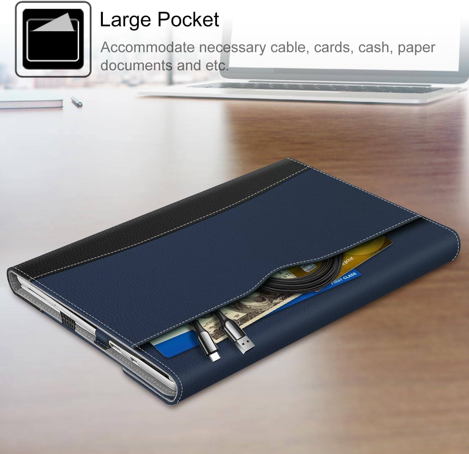 Large Pocket  
Accommodate necessary cable, cards, cash, paper documents and etc.