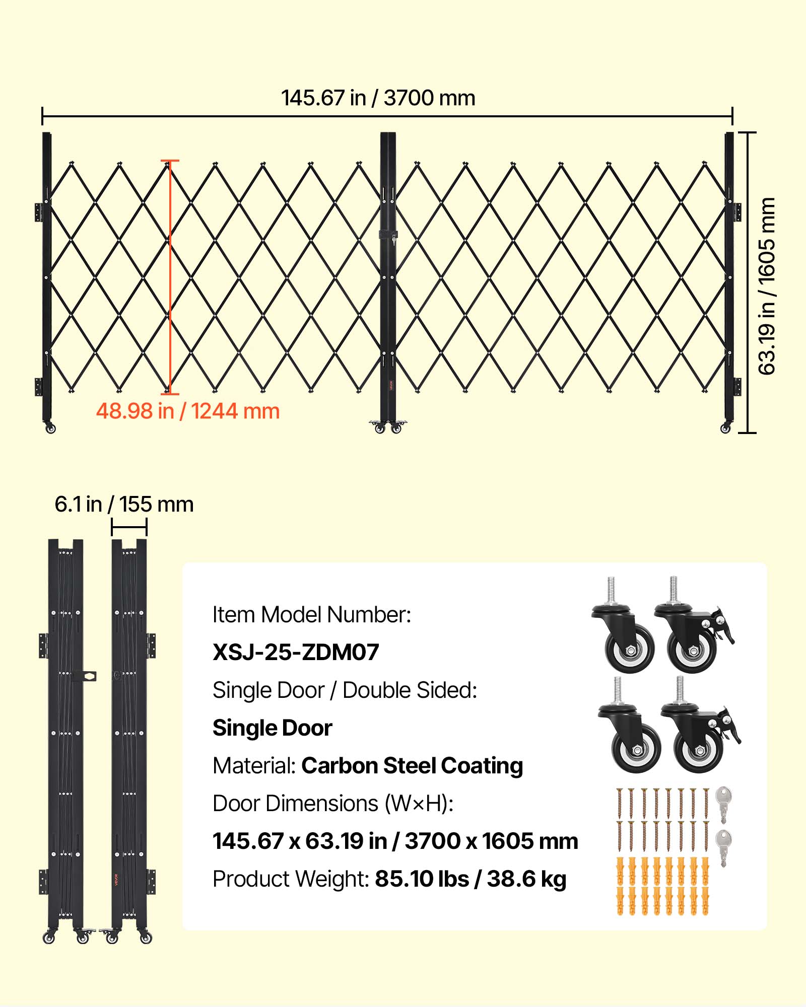 145.67 in / 3700 mm  
48.98 in / 1244 mm  
6.1 in / 155 mm  

Item Model Number: XSJ-25-ZDM07  
Single Door / Double Sided: Single Door  
Material: Carbon Steel Coating  
Door Dimensions (WxH): 145.67 x 63.19 in / 3700 x 1605 mm  
Product Weight: 85.10 lbs / 38.6 kg