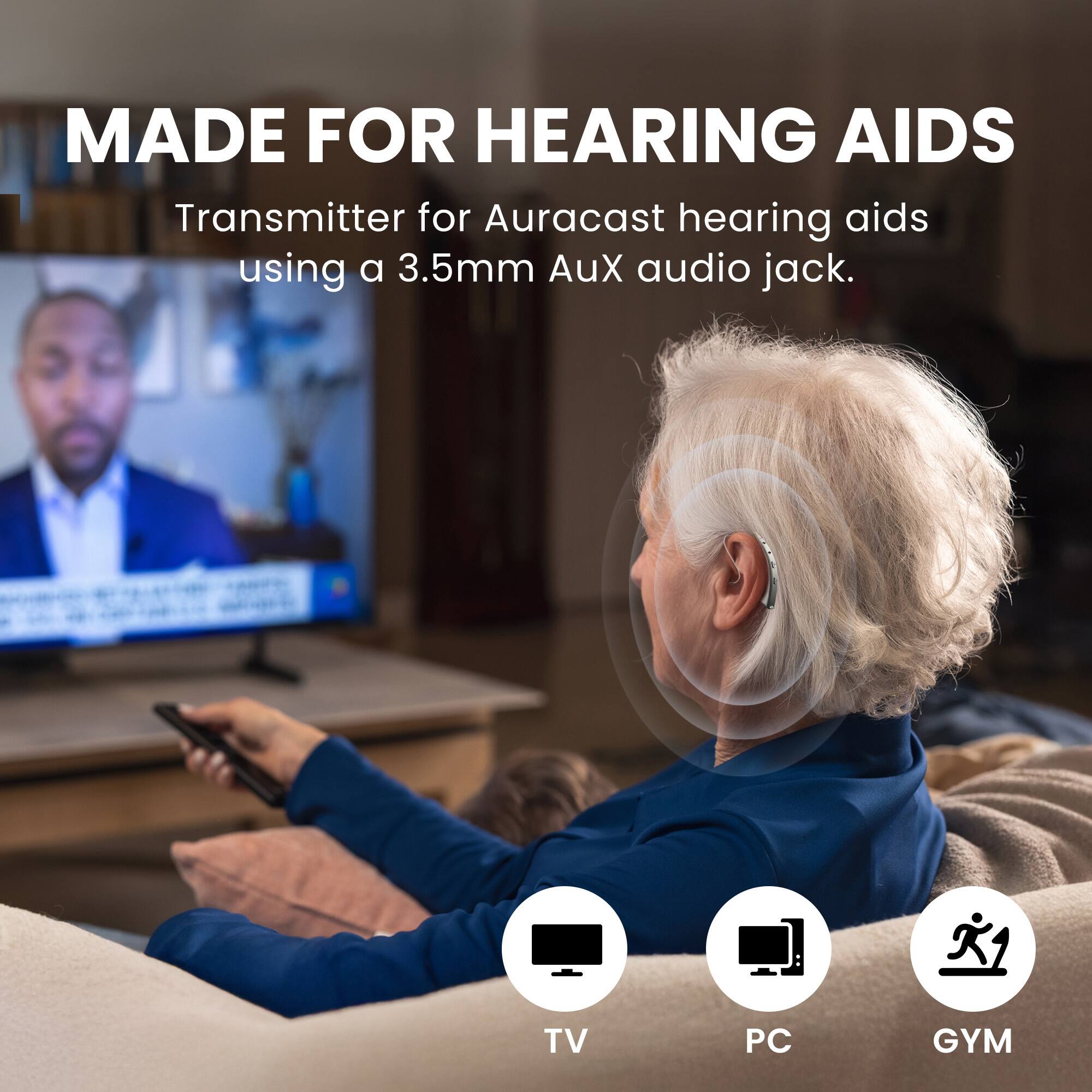 Angle. Avantree - Voyager HA – Premium OLED Display Auracast Transmitter & TV Streamer for Auracast-Enabled Hearing Aids.