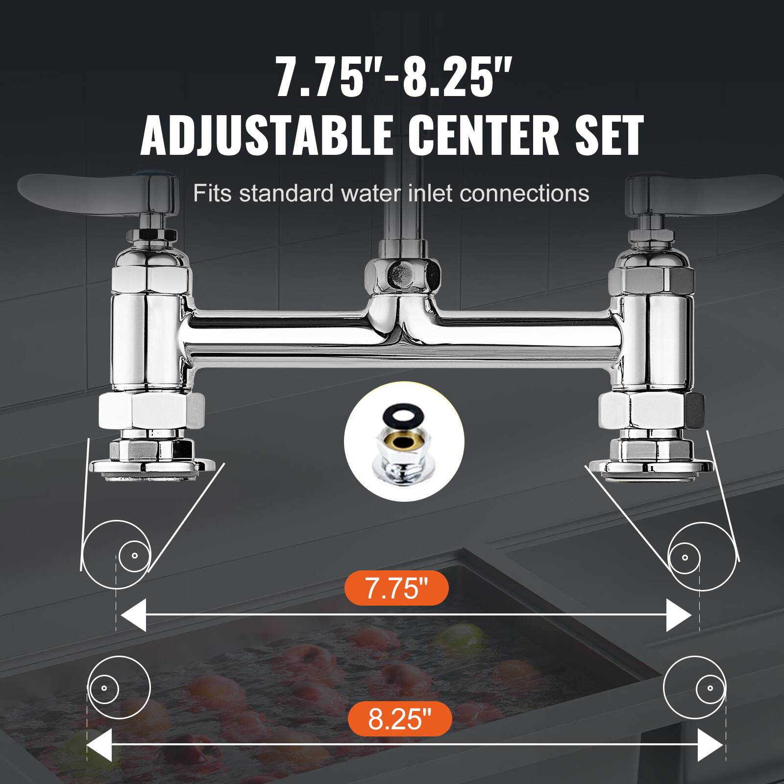 7.75"-8.25" Adjustable Center Set  
Fits standard water inlet connections