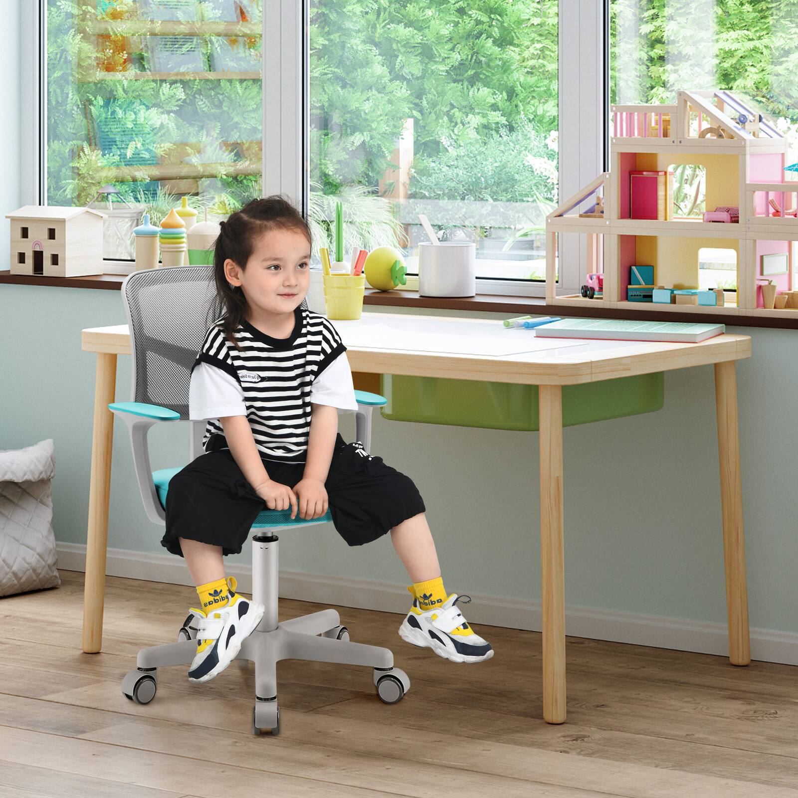 Alt View 1. Costway - Costway Auto Lock Kids Mesh Chair with Armrests Height Adjustable 360-Degree Swive - Green.