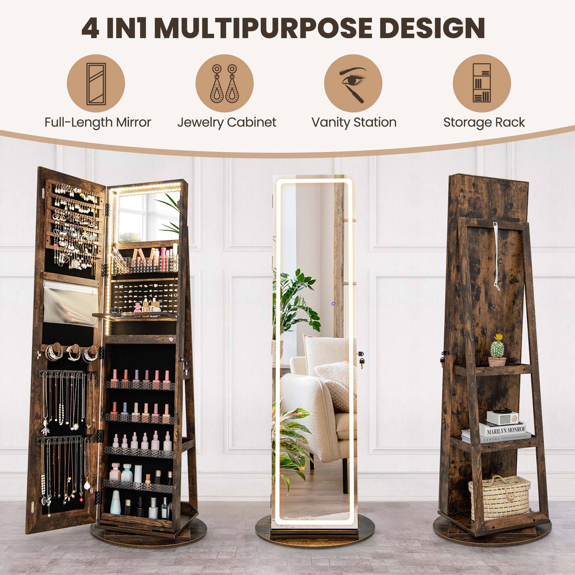 4 IN 1 MULTIPURPOSE DESIGN: Full-Length Mirror, Jewelry Cabinet, Vanity Station, Storage Rack