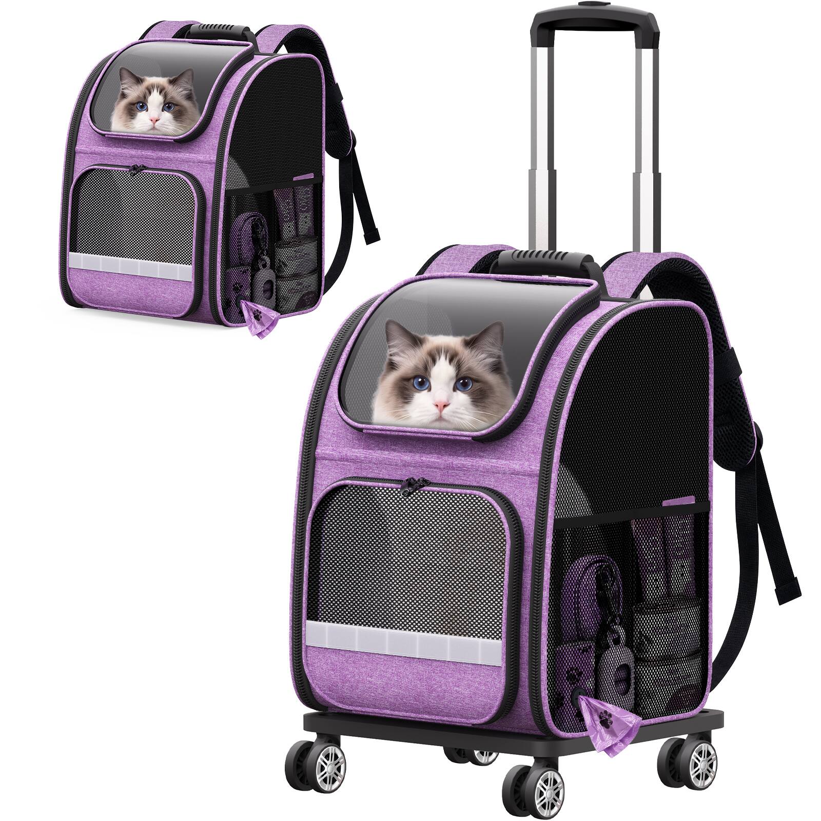 Front. Pawtners - Pawtners Rolling Cat Carrier Backpack with Wheels for Cats Small Dogs, Purple - Purple.