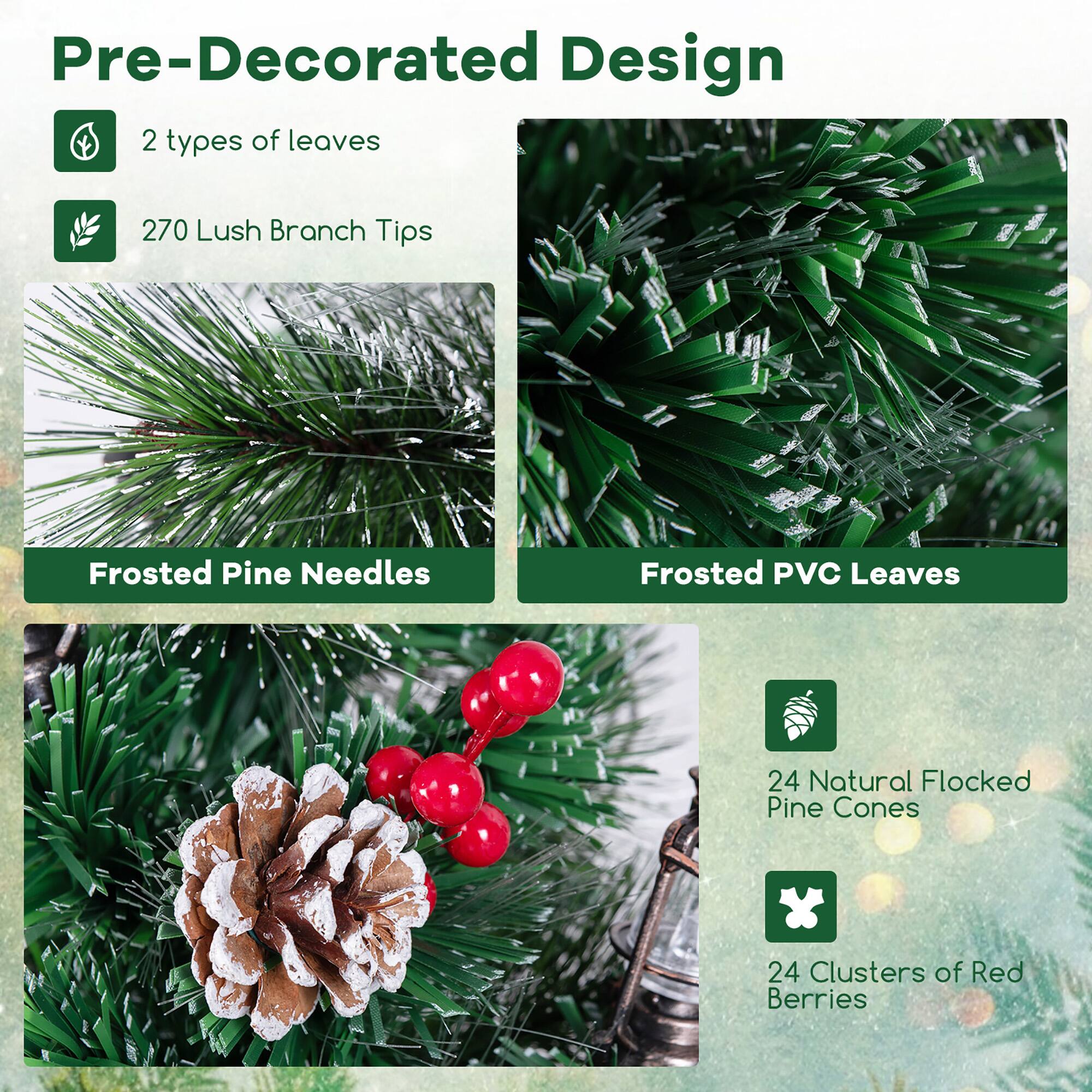 Pre-Decorated Design

- 2 types of leaves
- 270 Lush Branch Tips

Frosted Pine Needles

Frosted PVC Leaves

- 24 Natural Flocked Pine Cones
- 24 Clusters of Red Berries