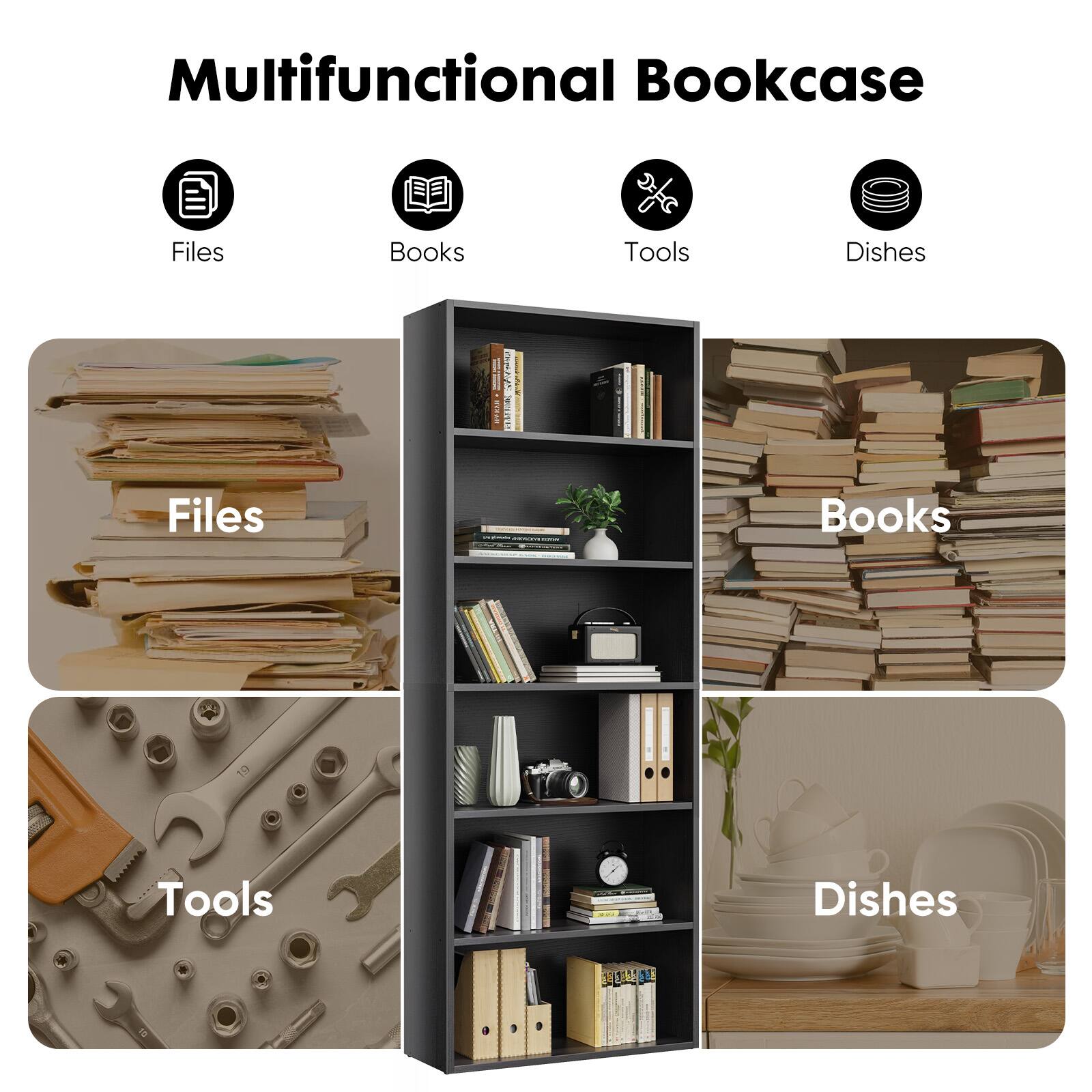 Multifunctional Bookcase

Files  
Books  
Tools  
Dishes  

Files  
Books  
Tools  
Dishes