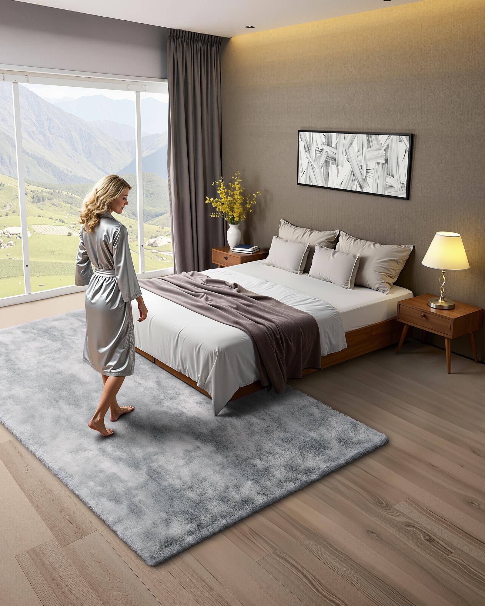 Angle. VEVOR - Indoor Plush Area Rugs, 6 x 9 ft Soft Plush Carpet, Furry Shag Area Rugs for Living Room, Bedroom, Modern Home Decor - Light grey.