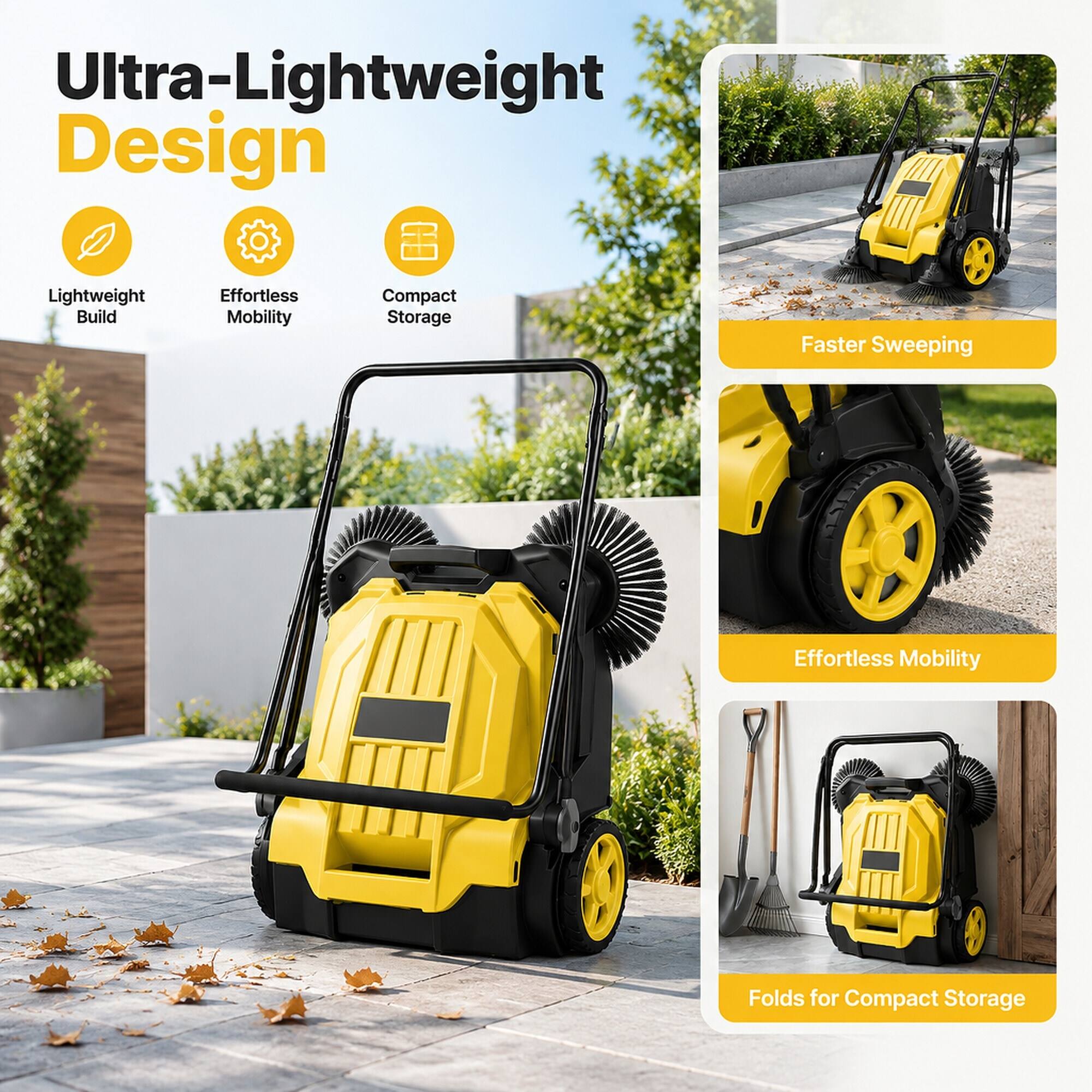 Ultra-Lightweight Design  
Lightweight Build  
Effortless Mobility  
Compact Storage  
Faster Sweeping  
Effortless Mobility  
Folds for Compact Storage