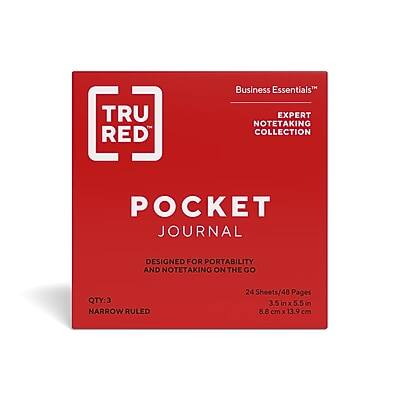 TRU RED Business Essentials™ Expert Notetaking Collection Pocket Journal  
Designed for Portability and Notetaking on the Go  
Qty: 3  
Narrow Ruled  
24 Sheets / 48 Pages  
3.5 in x 5.5 in (8.8 cm x 13.9 cm)