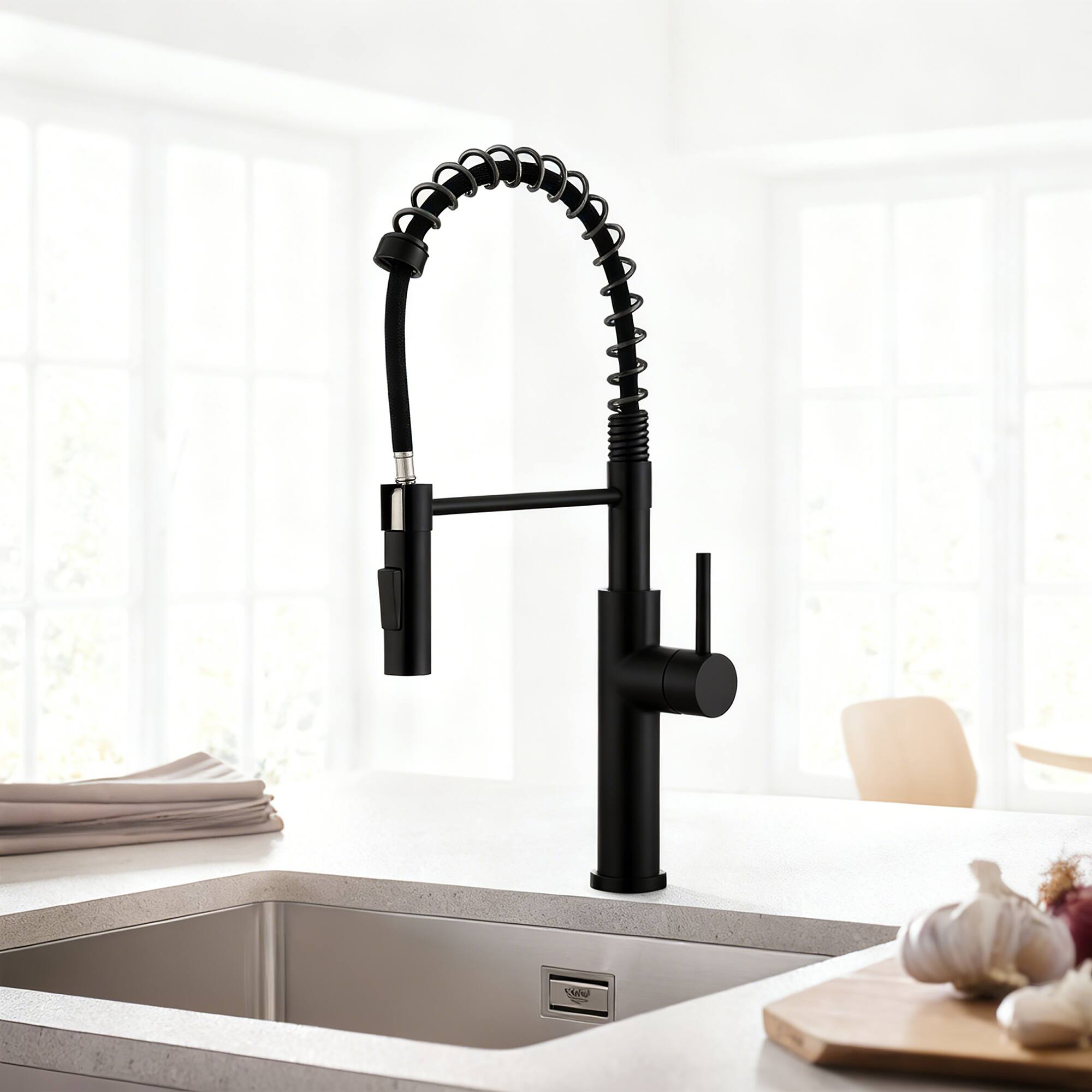 Left. Bothwa Home - Cascade Edge 19.6 - Inch Kitchen Faucet - Matt Black.