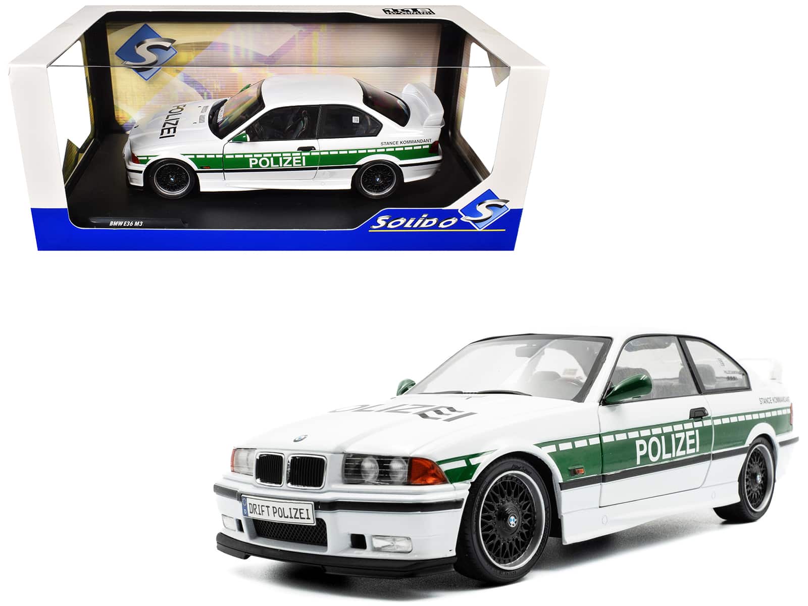 1991 BMW E36 M3 Custom "Drift Polizei" 1/18 Diecast Model Car by Solido - White with Green Stripes