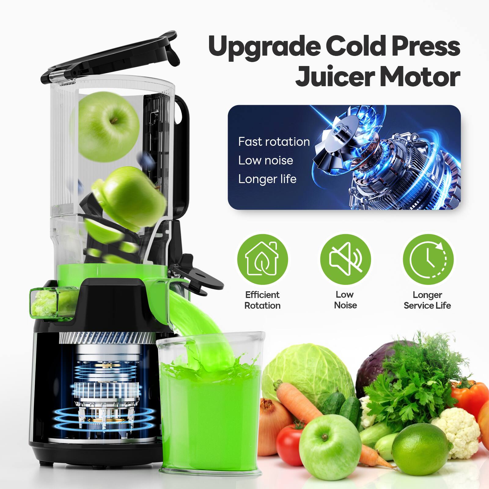Upgrade Cold Press Juicer Motor

Fast rotation  
Low noise  
Longer life  

Efficient Rotation  
Low Noise  
Longer Service Life