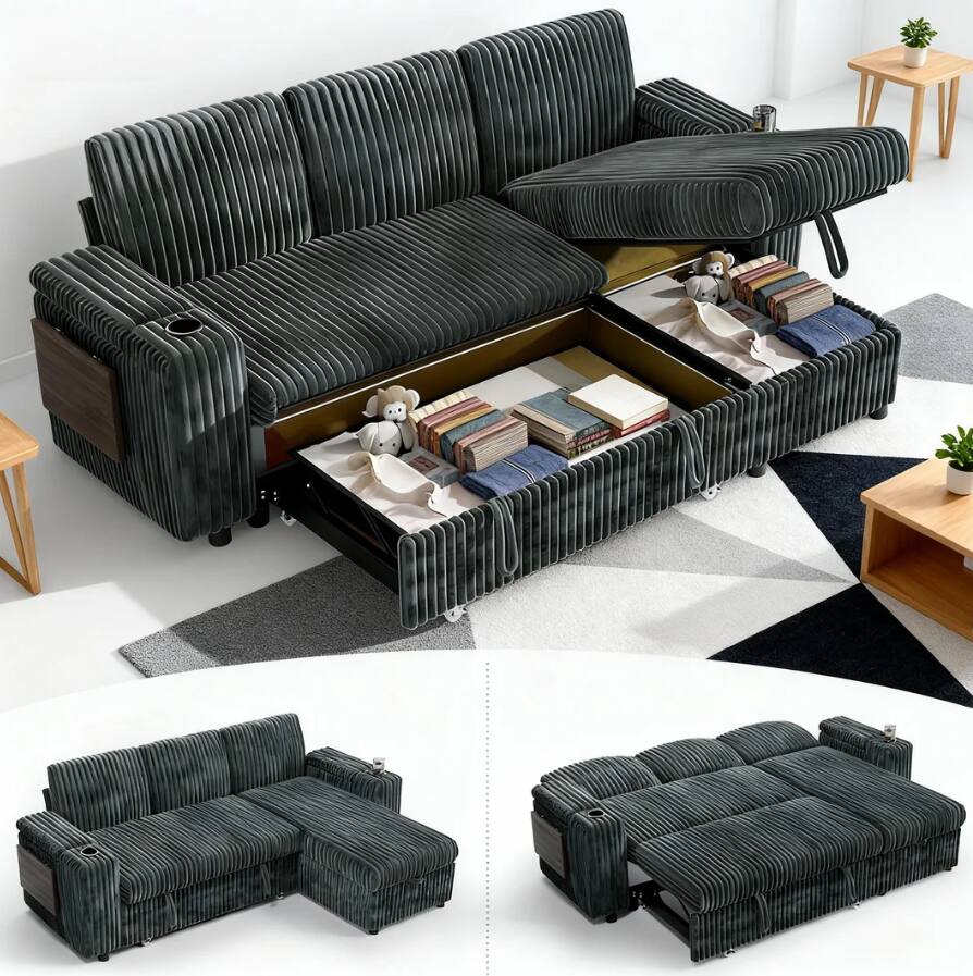 Front. Dyonery - 85" Modular 3 Seat L Shaped Couch with Reclining Backrest|USB Ports|Cup Holders|Side Table|Storage Chaise Armrests - Grey.