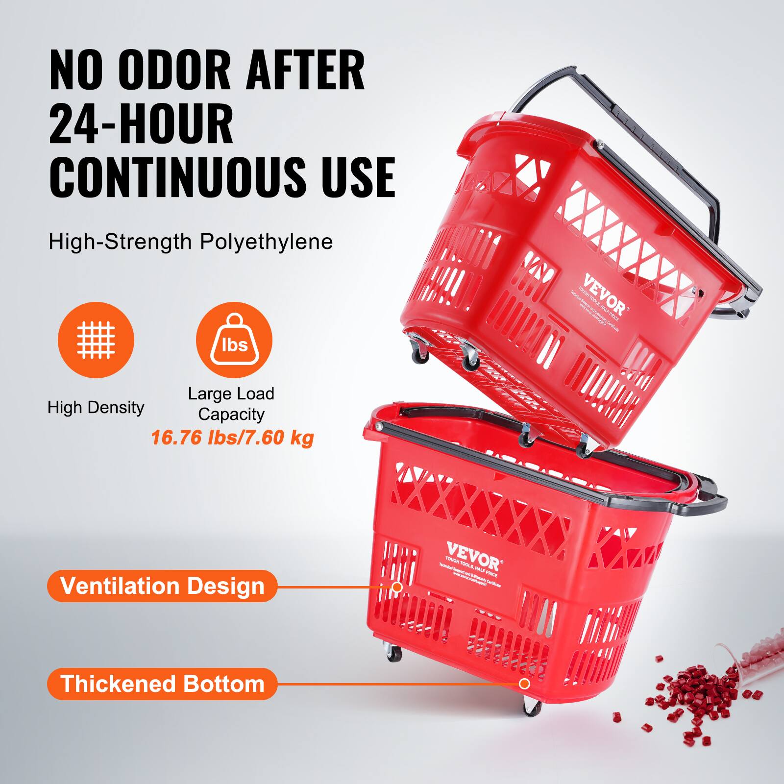 NO ODOR AFTER 24-HOUR CONTINUOUS USE

High-Strength Polyethylene

- High Density
- Large Load Capacity
  16.76 lbs/7.60 kg

Ventilation Design

Thickened Bottom