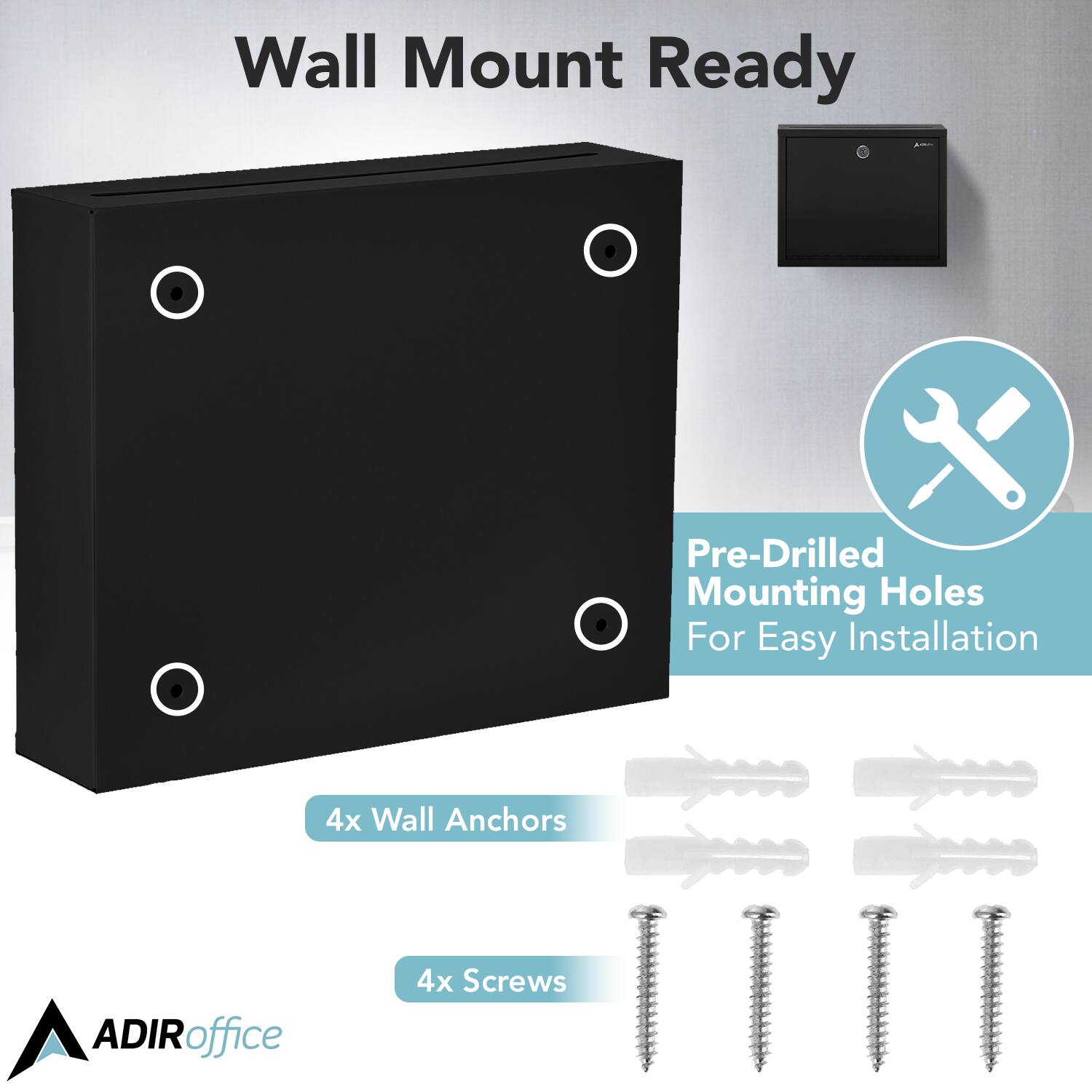 Wall Mount Ready, Pre-Drilled Mounting Holes For Easy Installation, 4x Wall Anchors, 4x Screws, ADIRoffice