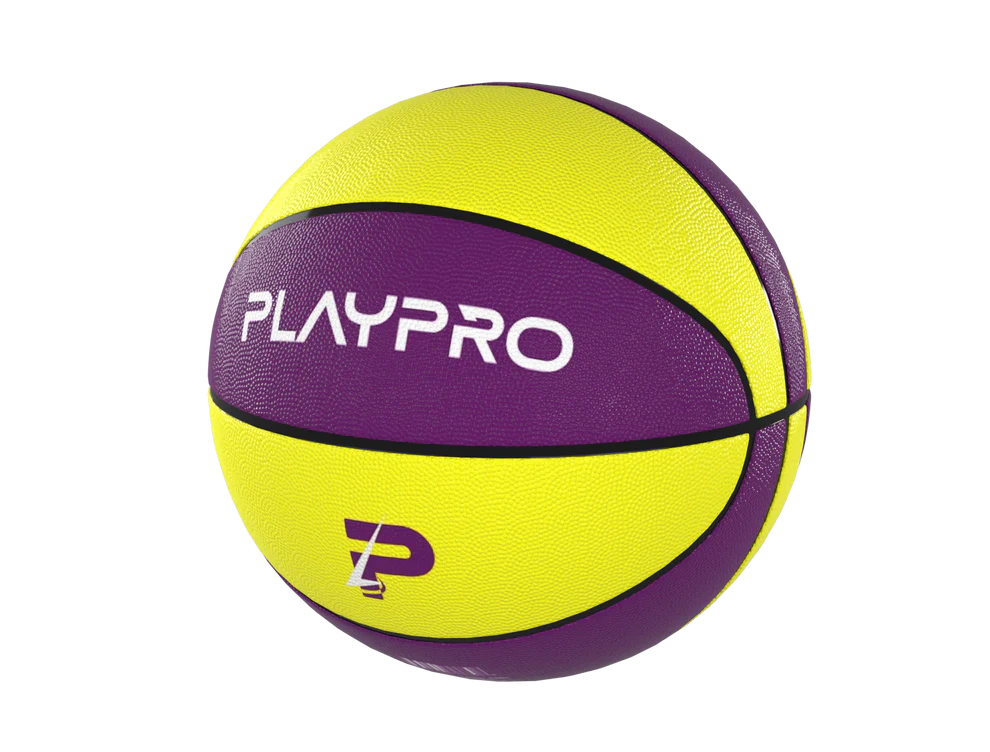 Left. PlayProCo - Premium Rubber Basketball for Kids and Adults - Purple Yellow.