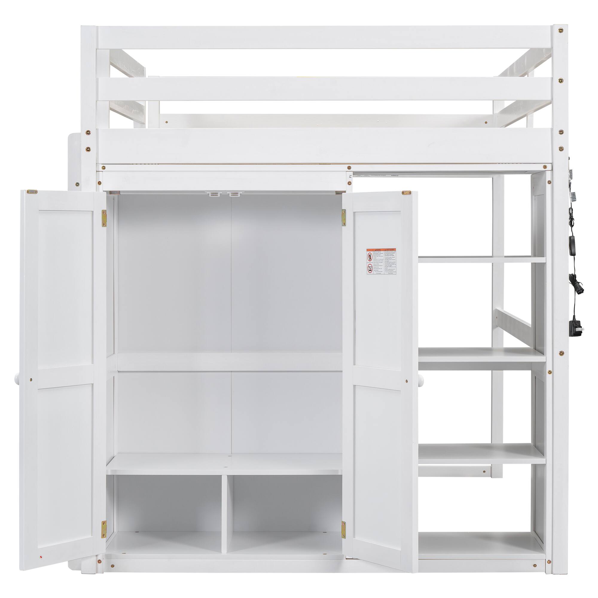 Alt View 2. Whisen - Full Size Loft Bed with Built-in Wardrobe, Storage Shelves and LED Light, Wood Frame - White.