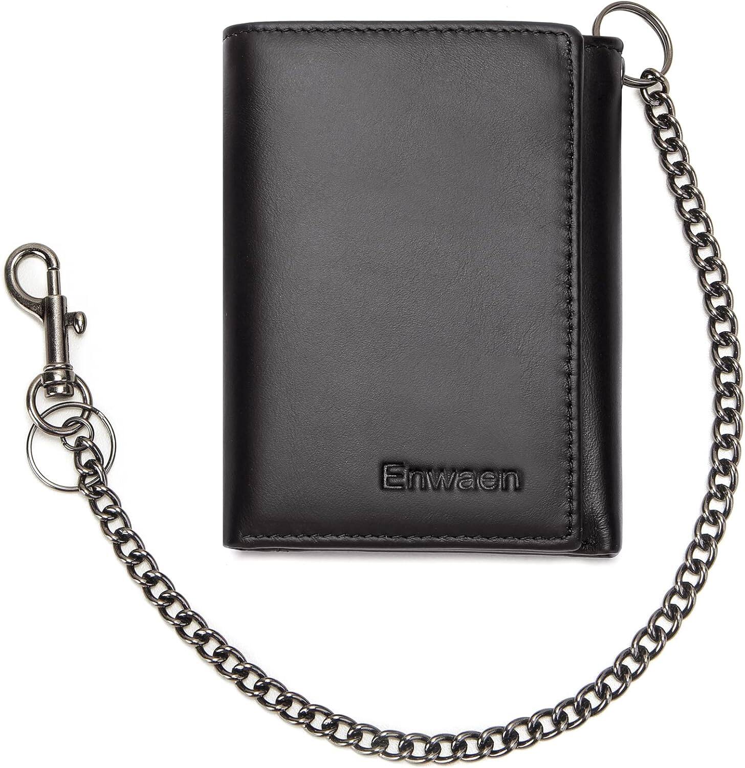 Front. Vulpecula Spade - Mens Wallet with Chain, Genuine Leather Trifold Wallet RFID Blocking Anti-Theft Chain for Biker, Motorcycle - Black.