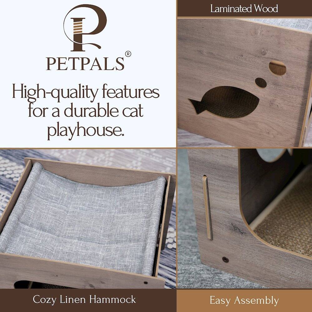 PETPALS  
High-quality features for a durable cat playhouse.  

Laminated Wood  
Cozy Linen Hammock  
Easy Assembly