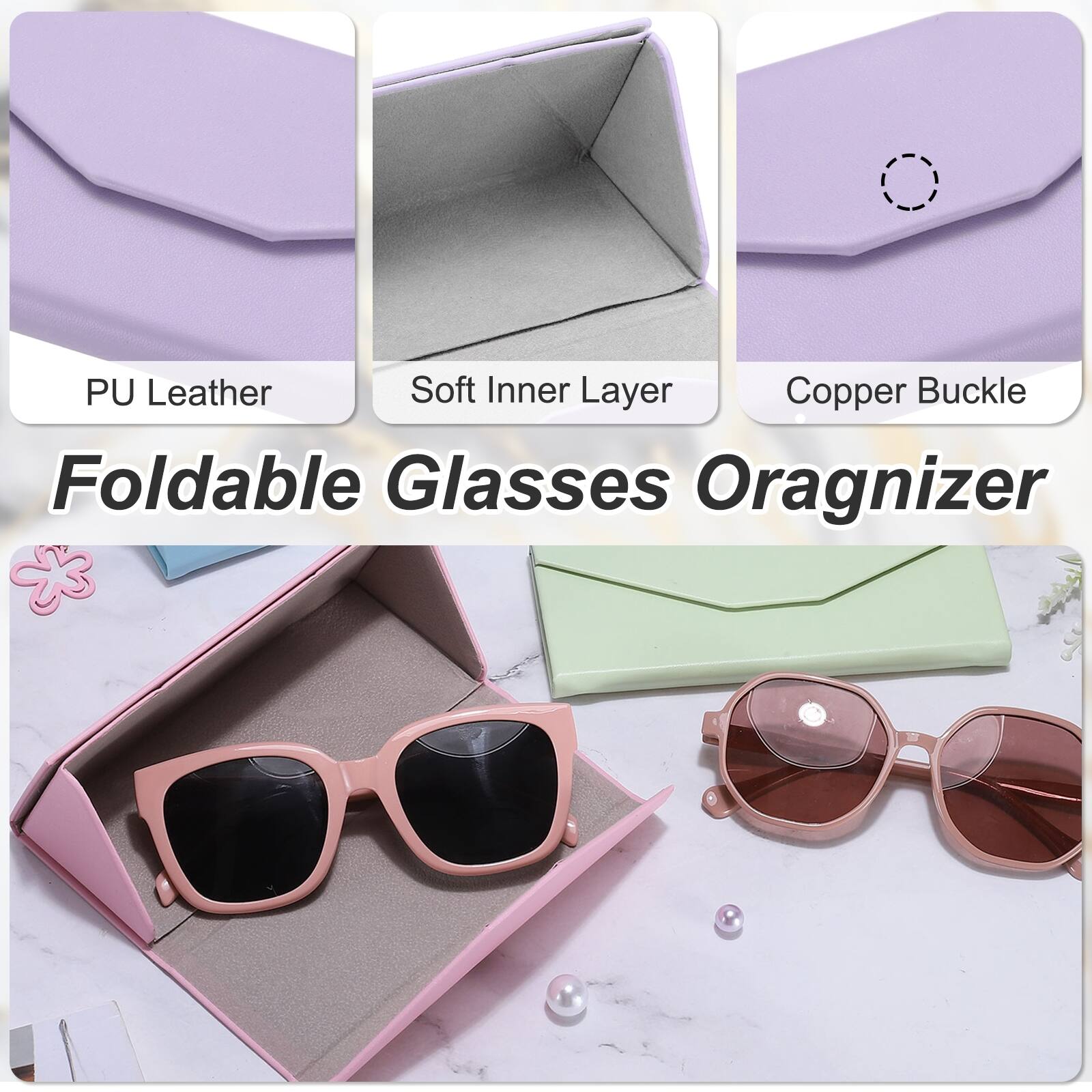 PU Leather Soft Inner Layer Copper Buckle Foldable Glasses Organizer