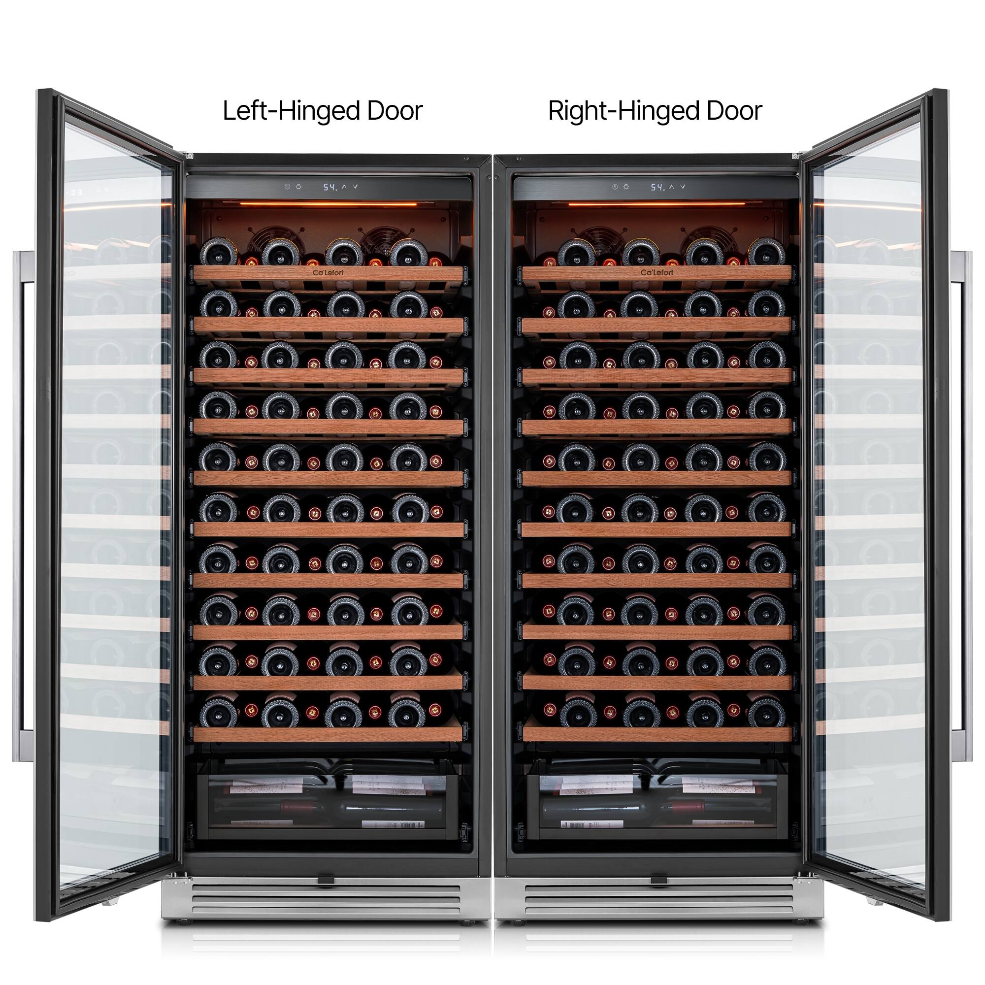 Left. Ca'Lefort - 48 inch 180-Bottle Wine Cooler Refrigerator Freestanding/Built-In 3-Color LED Lighting ，for Home, Bar & Office - stainless steel.