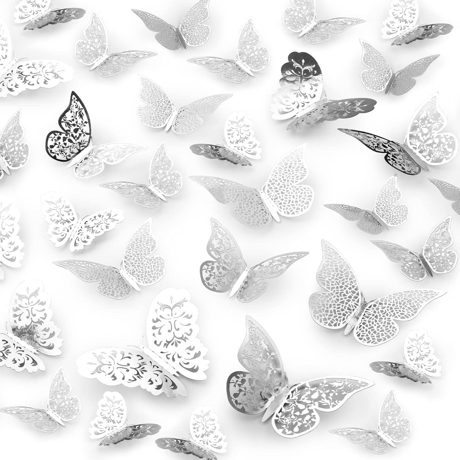 Front. Zulay Kitchen - Zulay Home Removable DIY 3D Butterfly Wall Decor - 48pcs Butterfly Decor with 3 Wing Designs - Metallic Silver.