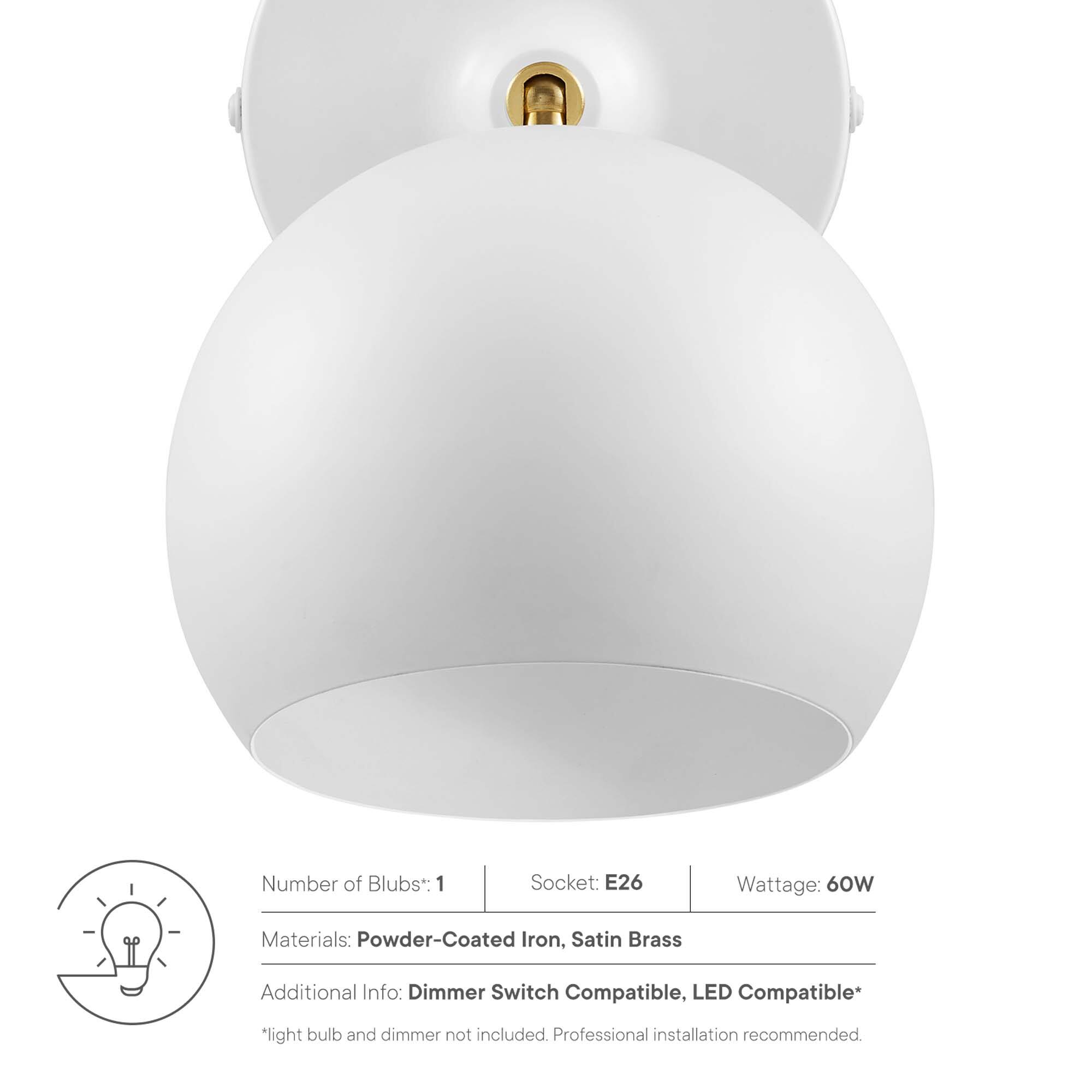 Number of Blubs*: 1  
Socket: E26  
Wattage: 60W  

Materials: Powder-Coated Iron, Satin Brass  

Additional Info: Dimmer Switch Compatible, LED Compatible*  

*light bulb and dimmer not included. Professional installation recommended.