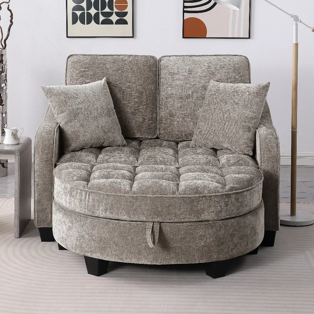 Back. Loheer - Loheer Brown Corduroy Two-Seater Sofa with Storage Footrest and Pillows - Brown.
