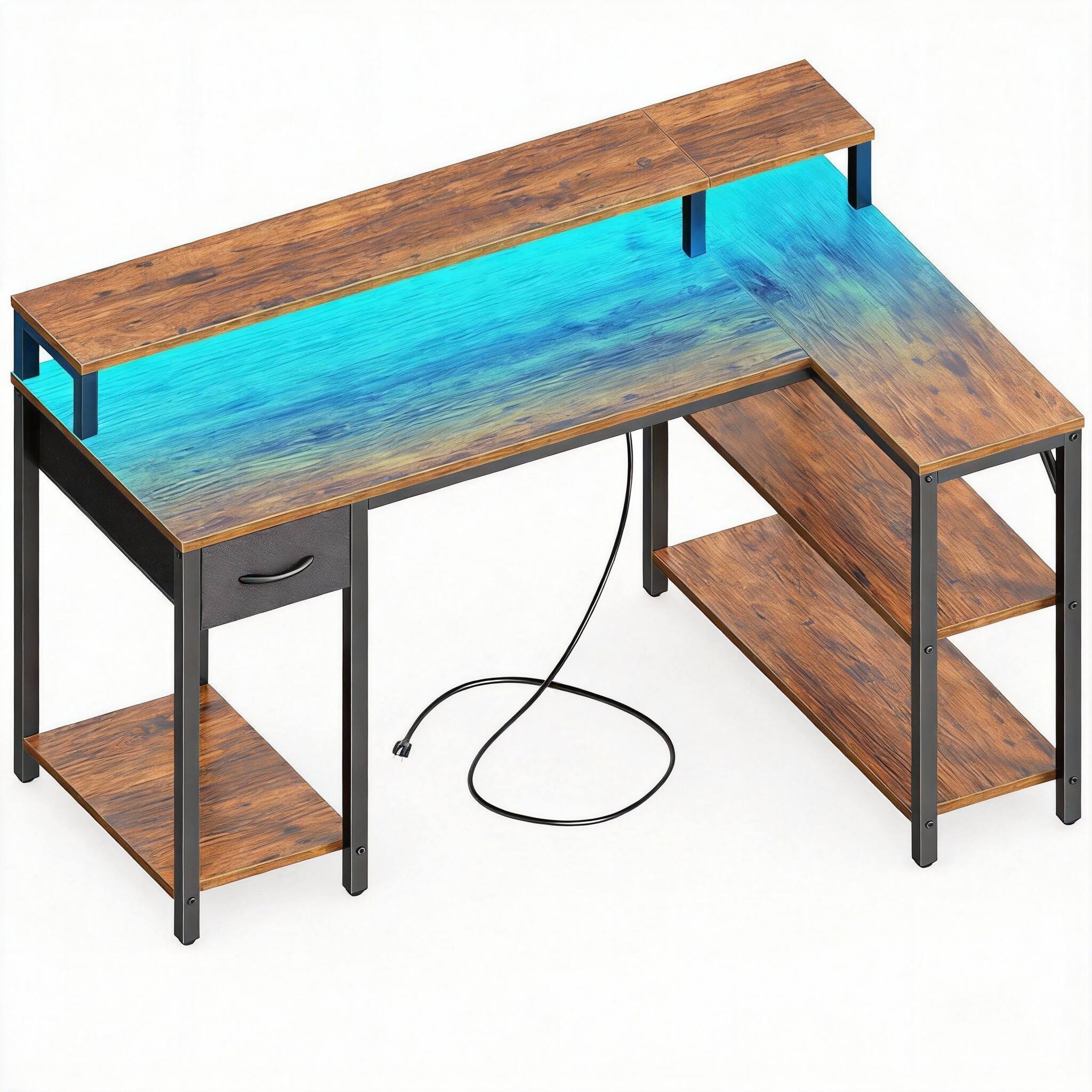 Front. Frangdom - 47" L Shaped Gaming Desk LED Power Outlets Reversible Shelves Monitor Stand Drawer - Rustic Brown 47".