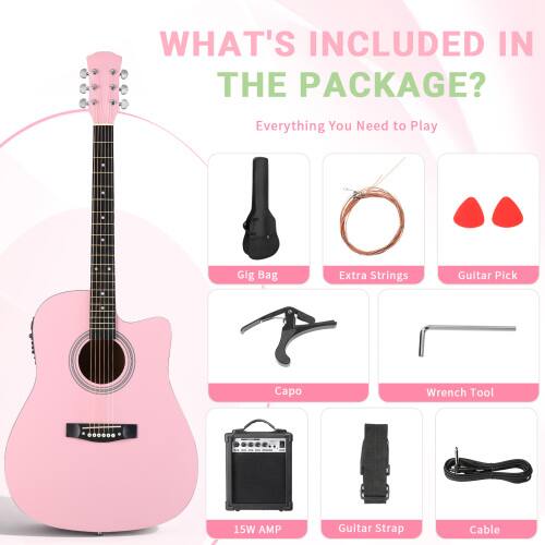WHAT'S INCLUDED IN THE PACKAGE?
Everything You Need to Play
- Gig Bag
- Extra Strings
- Guitar Pick
- Capo
- Wrench Tool
- 15W AMP
- Guitar Strap
- Cable