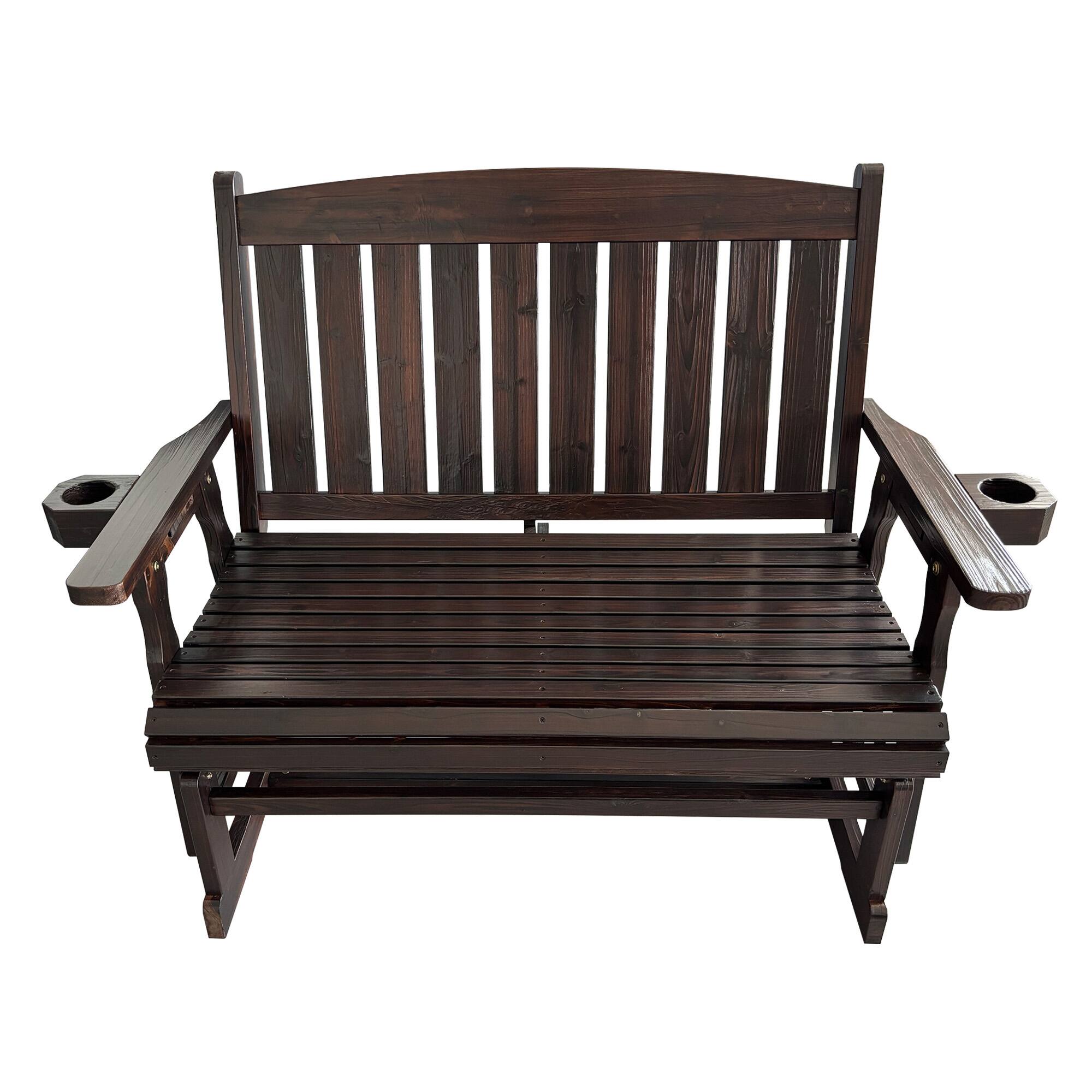 Alt View 2. Fortune Candy - Wooden Patio Glider with Cup Holders, High Back and Deep Contoured Seat, for Porch Yard Garden (2-Seater) - Deep Brown.