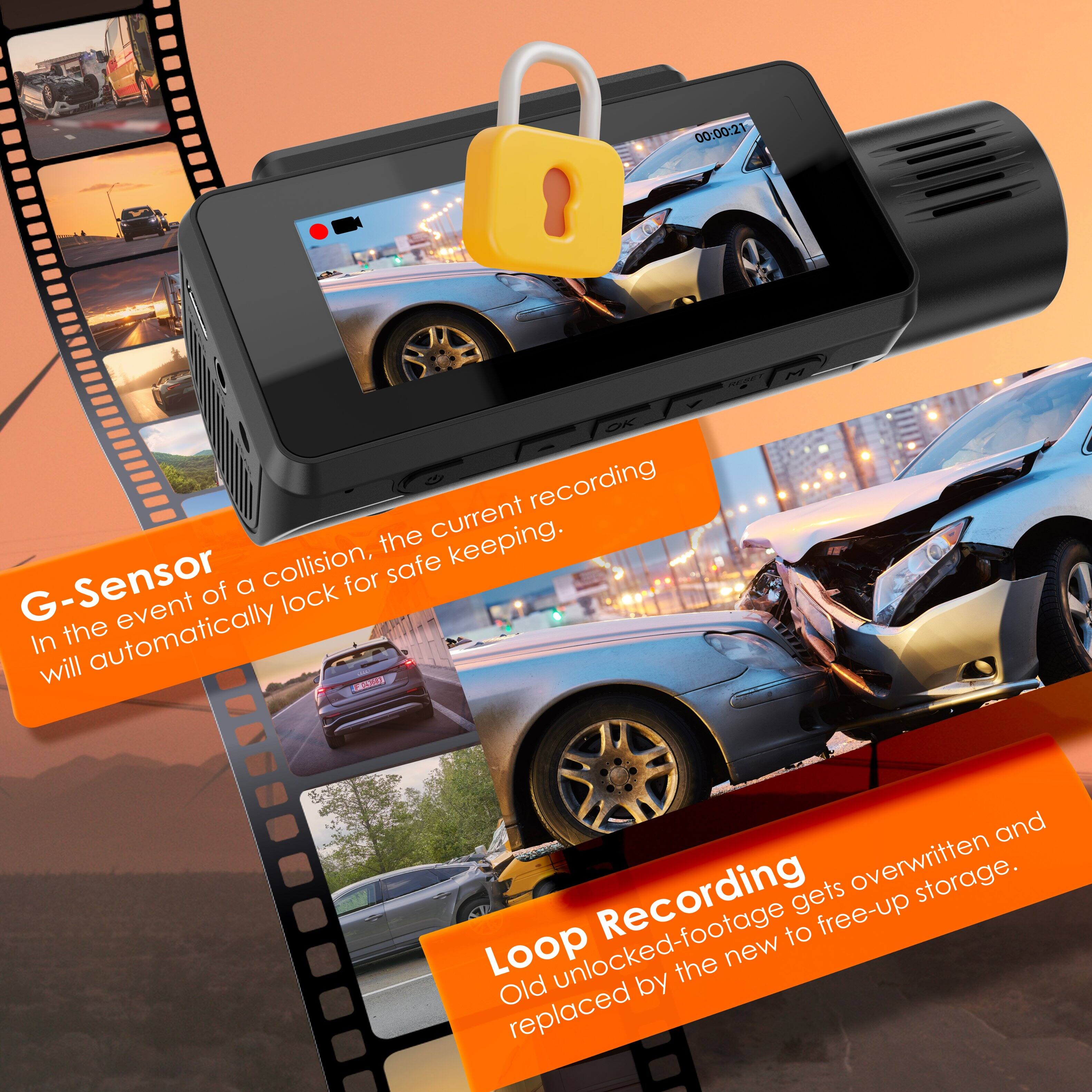 G-Sensor  
In the event of a collision, the current recording will automatically lock for safe keeping.

Loop Recording  
Old unlocked-footage gets overwritten and replaced by the new to free-up storage.