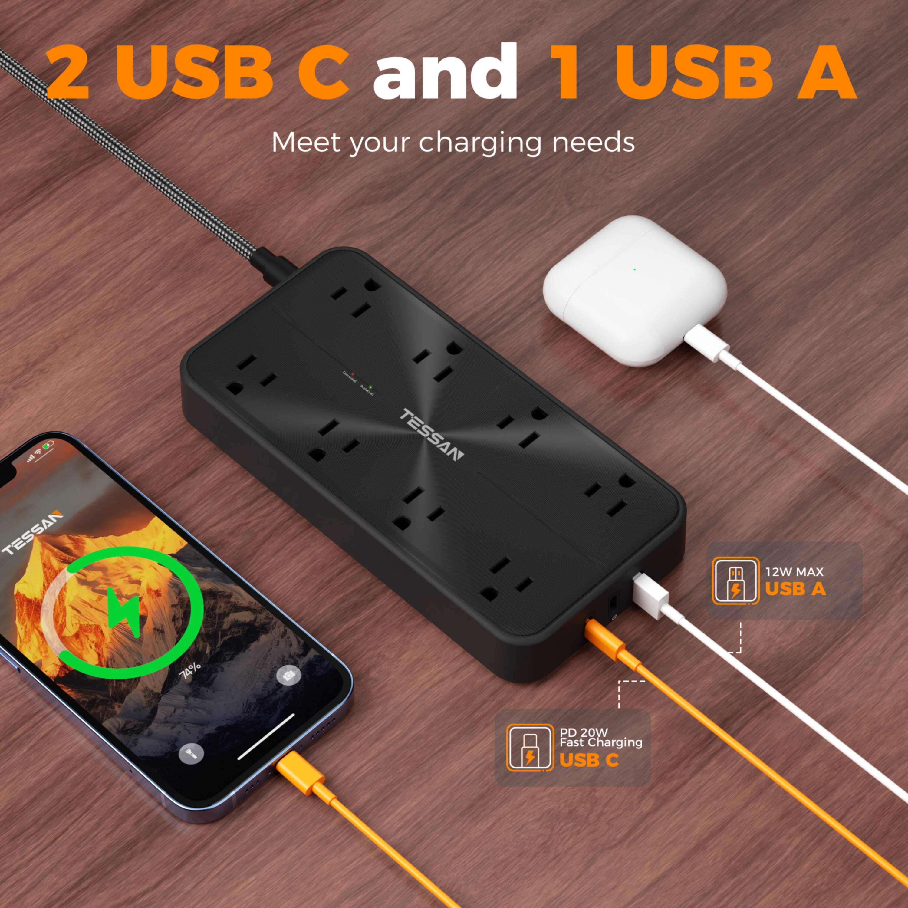 2 USB C and 1 USB A  
Meet your charging needs  

4TD TESSAN  
12W MAX USB A  
PD 20W Fast Charging USB C