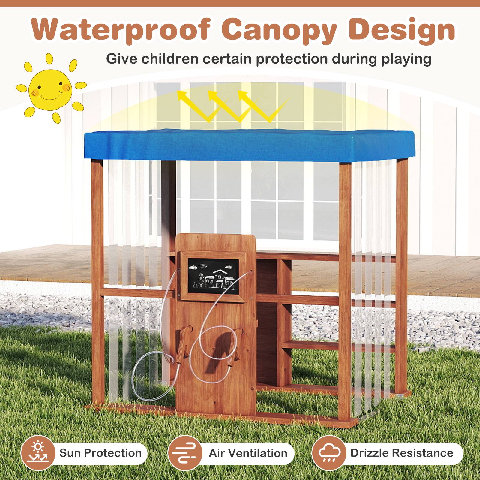Waterproof Canopy Design  
Give children certain protection during playing  

- Sun Protection  
- Air Ventilation  
- Drizzle Resistance