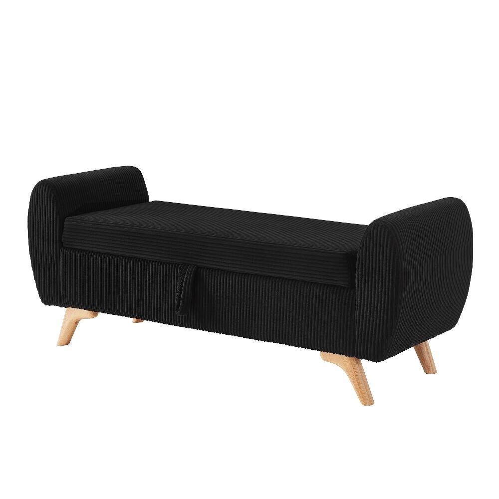 Alt View 6. Ropilly - Ropilly 57 Inch Black Corduroy Upholstered Storage Bench with Wood Legs, End of Bed Bench for Bedroom and Entryway - Black.
