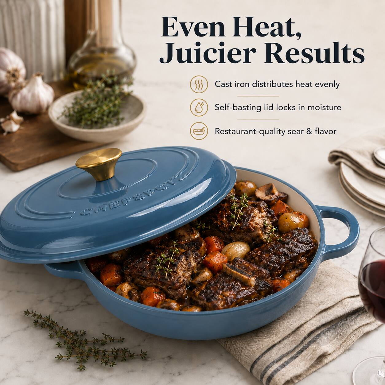 Even Heat, Juicier Results

- Cast iron distributes heat evenly
- Self-basting lid locks in moisture
- Restaurant-quality sear & flavor

CHEFAPOT