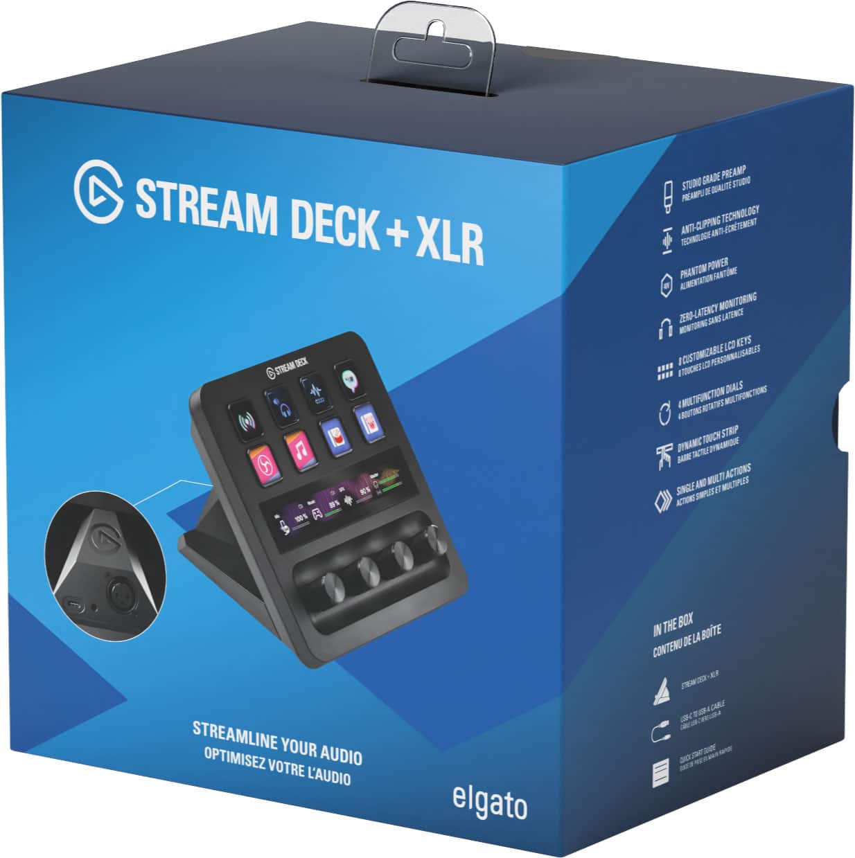 C STREAM DECK + XLR STREAM NEC * () A E - - A GRADE PREAMP STUO BIAUTE mD PEAMP u TECHNOL OGY ANTI-GUPPING 9 CRTMENT SCHNLAGE PHANTON POWER TE ADE . ERAO MONITORING ZERO-LATERCY JART LATUNGY MONITORN ACO KETS I CUSTOMIZABLE PERSONMALISABLES ESICc IALS AMOLTIFUNCTION RTATES MUTIFONCTION ARTATONS TINICH STRIP DYRANE TE SOATS S WULT ACTIONS SINGLL AND 3 MILTPUS ACTIONE SPUS STREAMLINE YOUR OPTIMISEZ AUDIO VOTRE L'AUDIO elgato THE BOX I LA BOTE DE CONTENU ER CARL JN a0