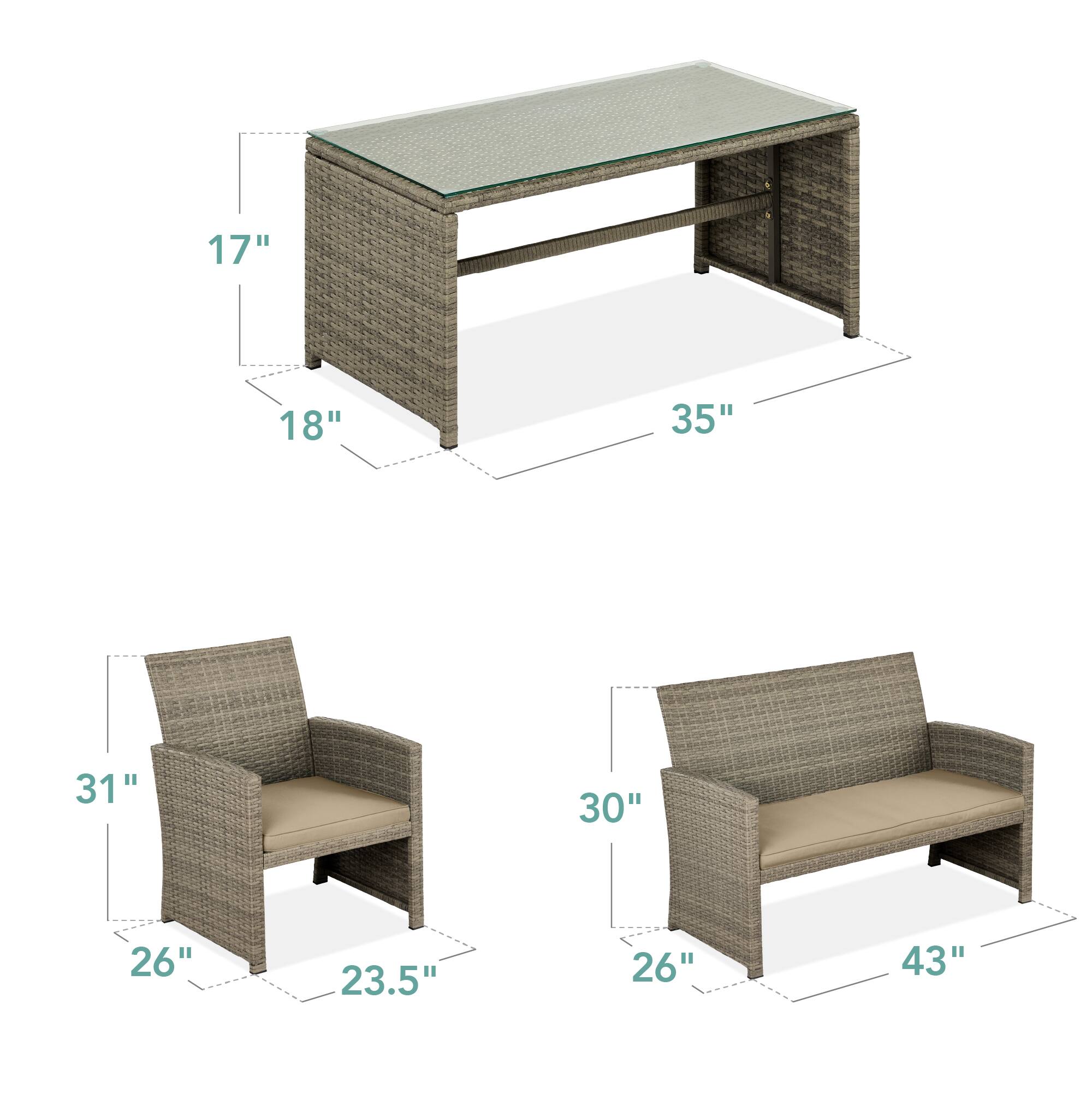 - Table: 17" x 18" x 35"
- Chair: 31" x 26" x 23.5"
- Sofa: 30" x 26" x 43"