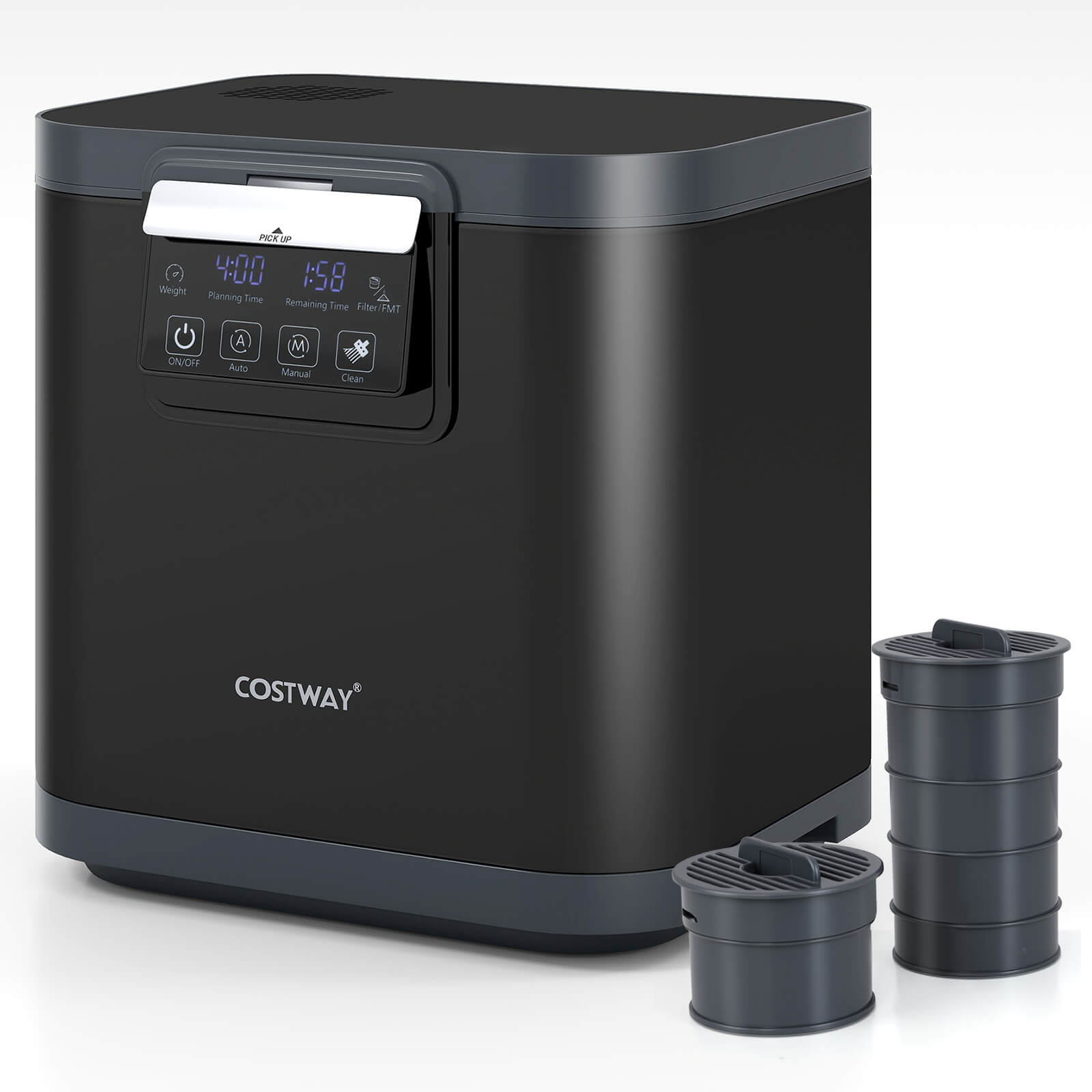 Sure, here is the corrected and grouped text from the image:

- **Weight:** 4:00
- **Planning Time:** 1:58
- **Remaining Time:** Filter/FPM
- **Buttons:**
  - ON/OFF
  - Auto
  - Manual
  - Clean
- **Brand:** COSTWAY