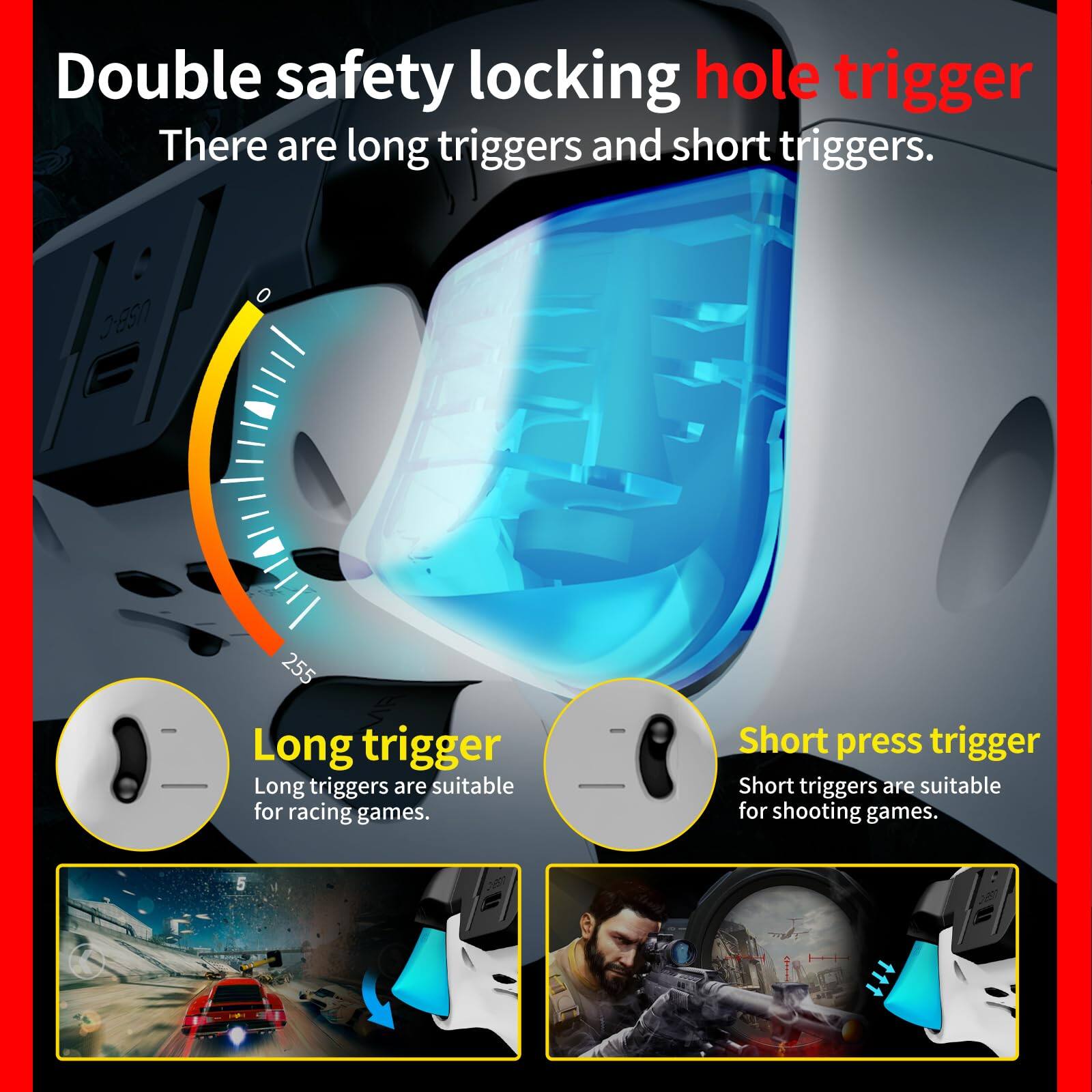 Double safety locking hole trigger  
There are long triggers and short triggers.

Long trigger  
Long triggers are suitable for racing games.

Short press trigger  
Short triggers are suitable for shooting games.