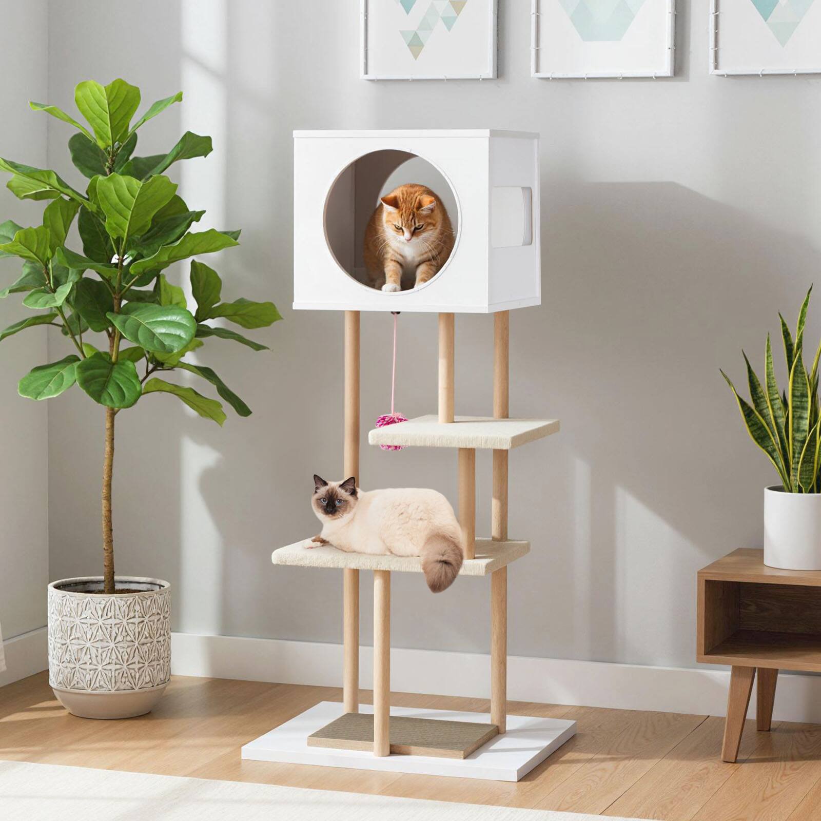 Alt View 3. Gymax - Gymax 40'' wood Cat Tower w/2-Door Condo 2 Corrugated Cardboard Scratchers Hanging Ball.