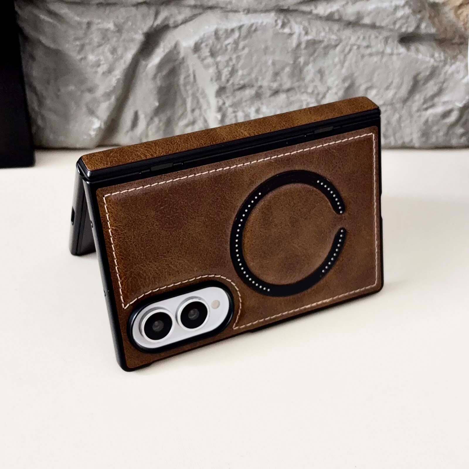 Back. Dteck - Shockproof Magnetic Phone Case for Samsung Galaxy Z Fold8, Rigid Plastic Faux Leather Hinge Cover, Raised Lip Protection - Brown.